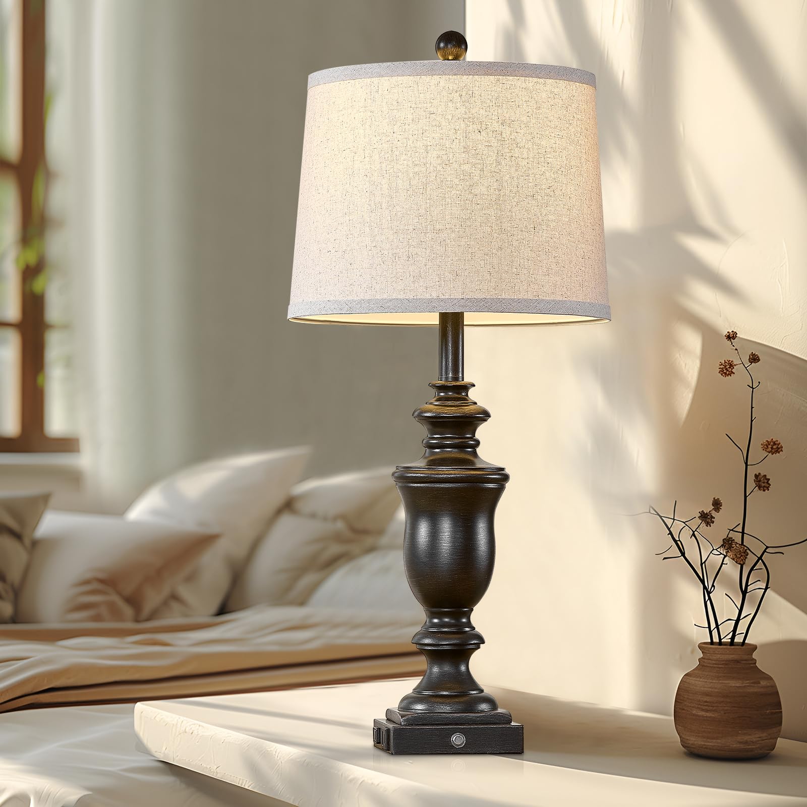 SAIWEYA 27.5" Farmhouse Table Lamps Set of 2, 3 Way Dimmable, Antique Black Resin with USB & AC Outlet for Bedroom & Living Room