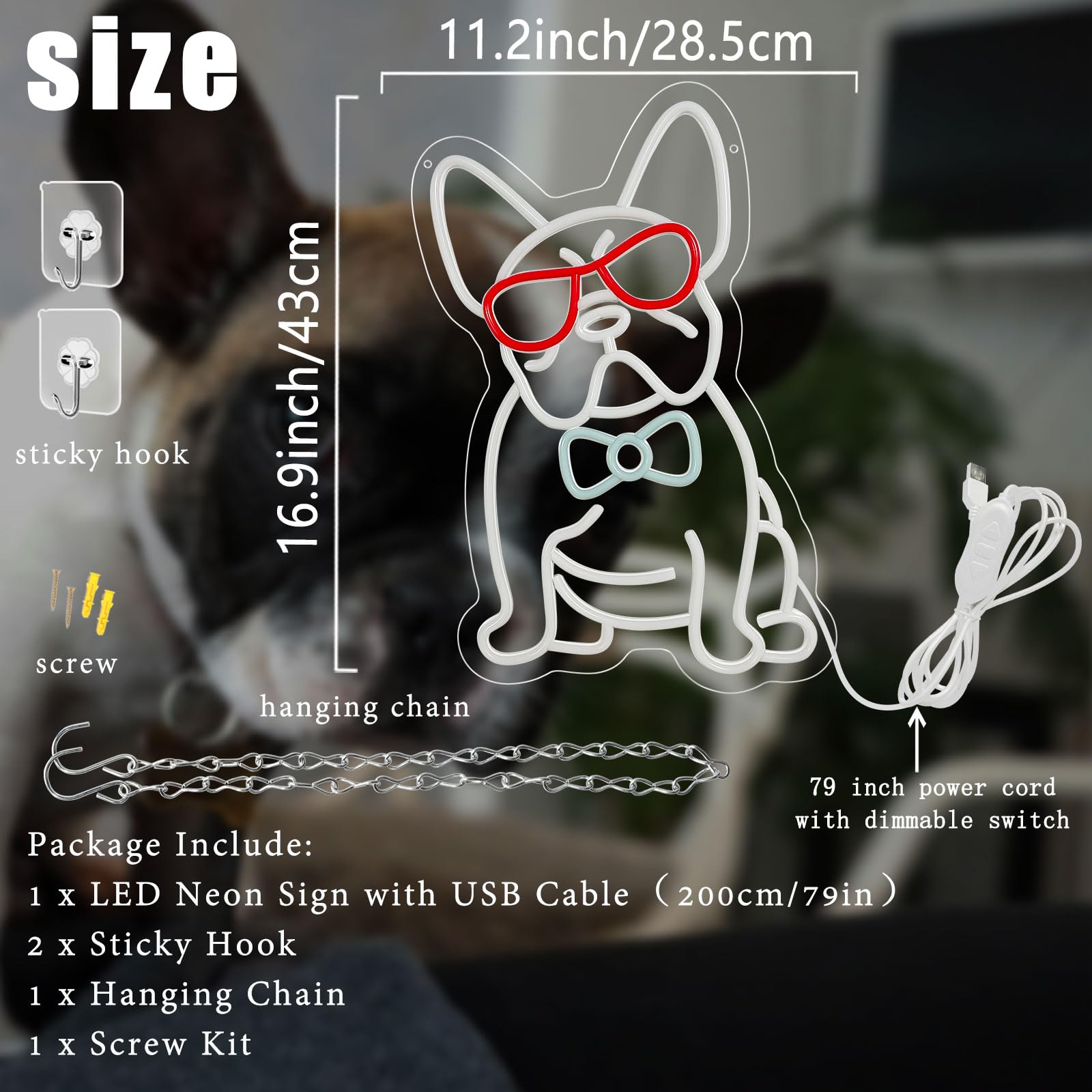Nen Sign French Bulldog Neon Wall Decor LED Light 11.2inx16.9in Polyvinyl Chloride