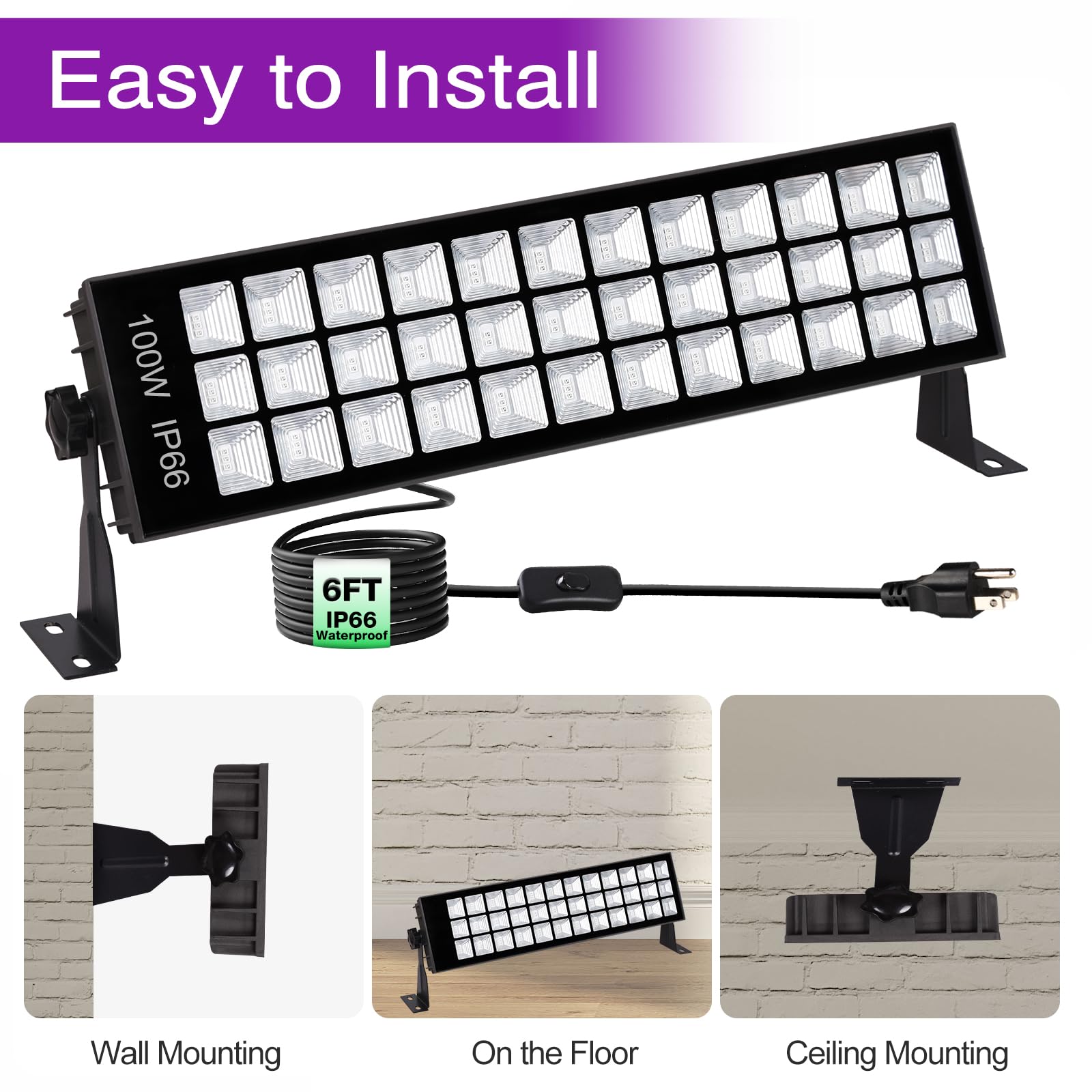 PIZHLO 100W Black Light Bar, 2 Pack, Aluminum, Black, 385-400nm Ideal for Neon Glow Parties, Large Rooms, and Halloween Events