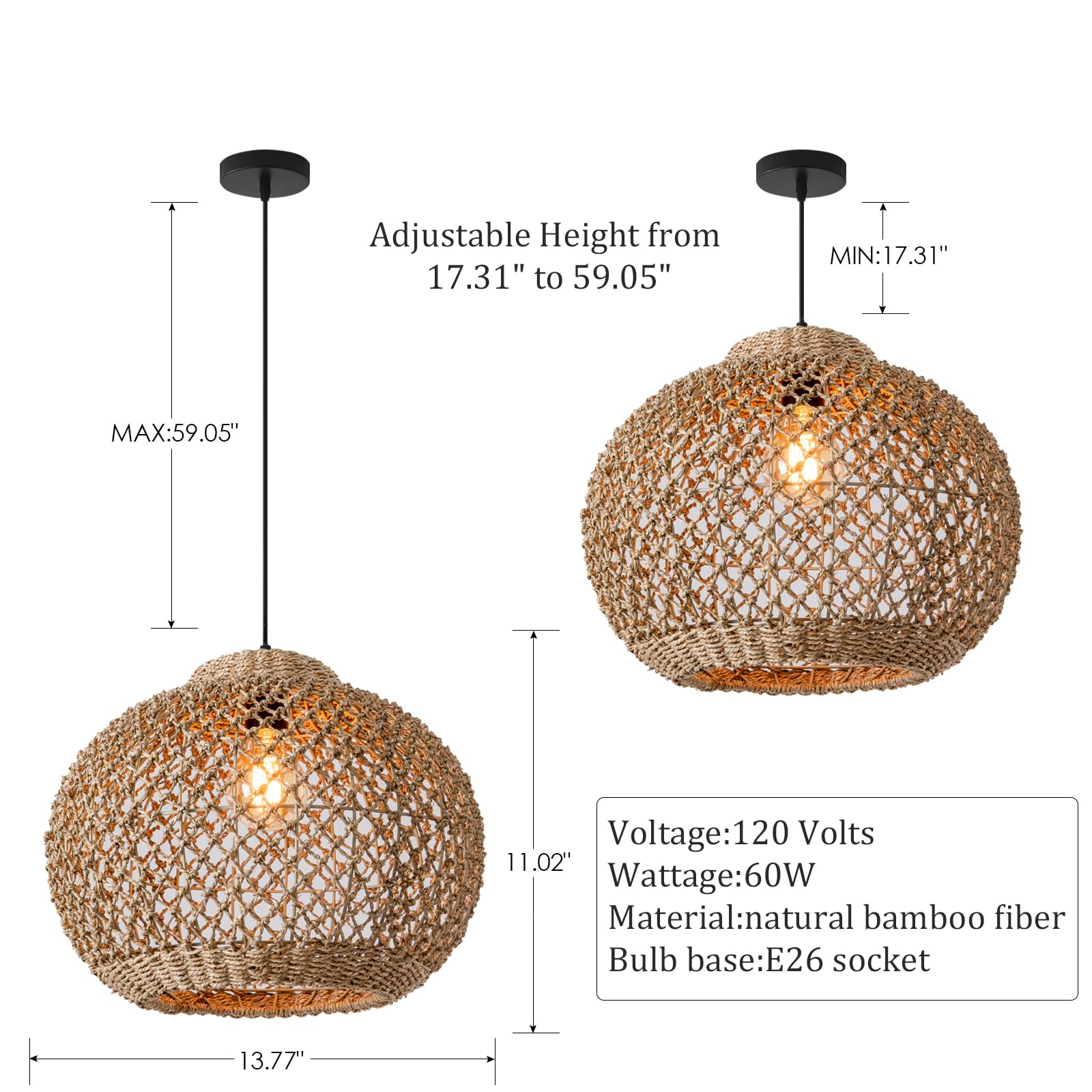Teru Ji Kaikang 13.77'' Woven Rattan Pendant Light,Hand-Woven Water Plants Rattan Chandelier Boho Wicker Coastal Retro Ceiling C