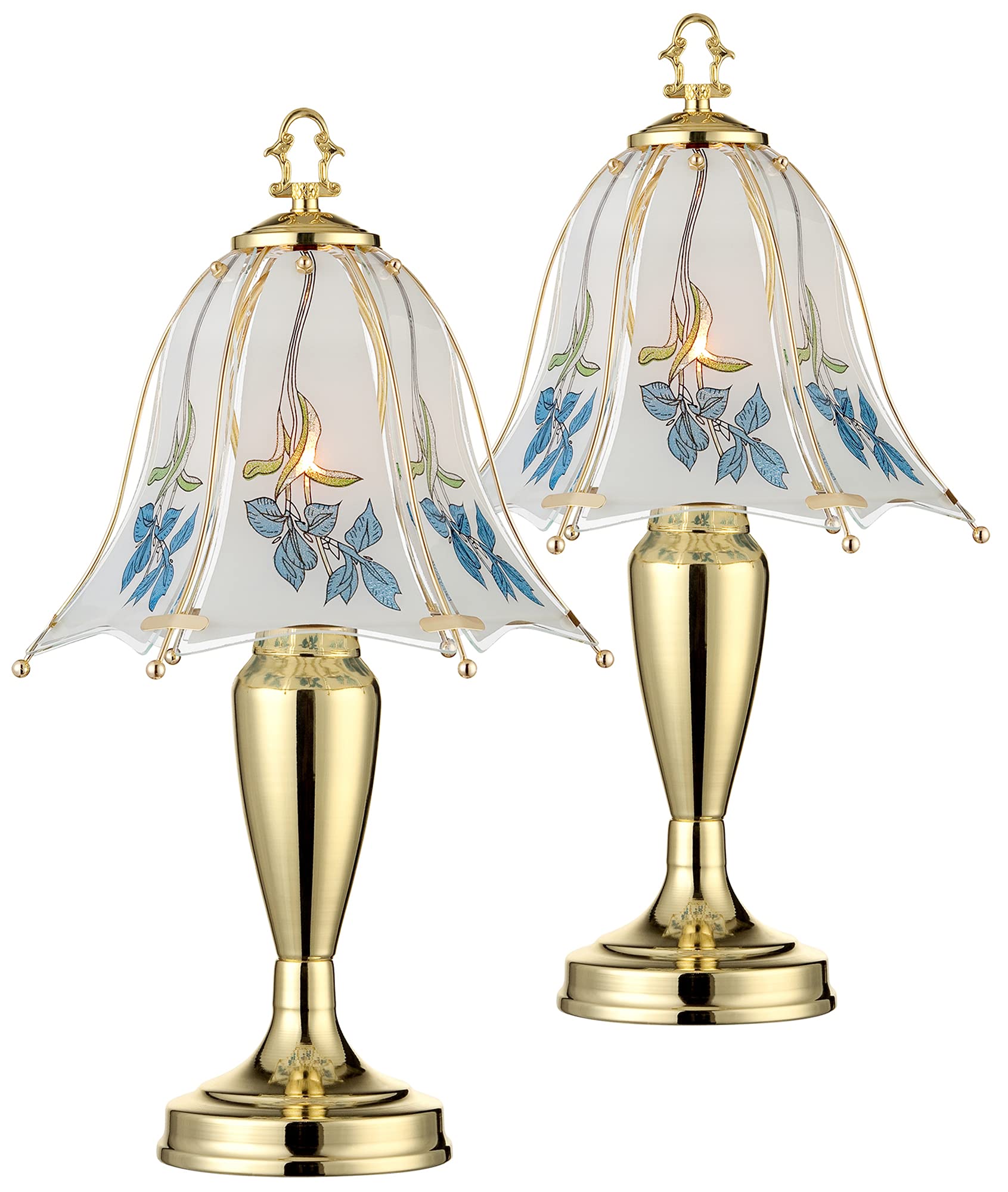 Regency Hill Blue Flower Traditional Accent Table Lamps 18'' High Set of 2 Classic Brass Gold Printed Glass Shade Touch On Off f