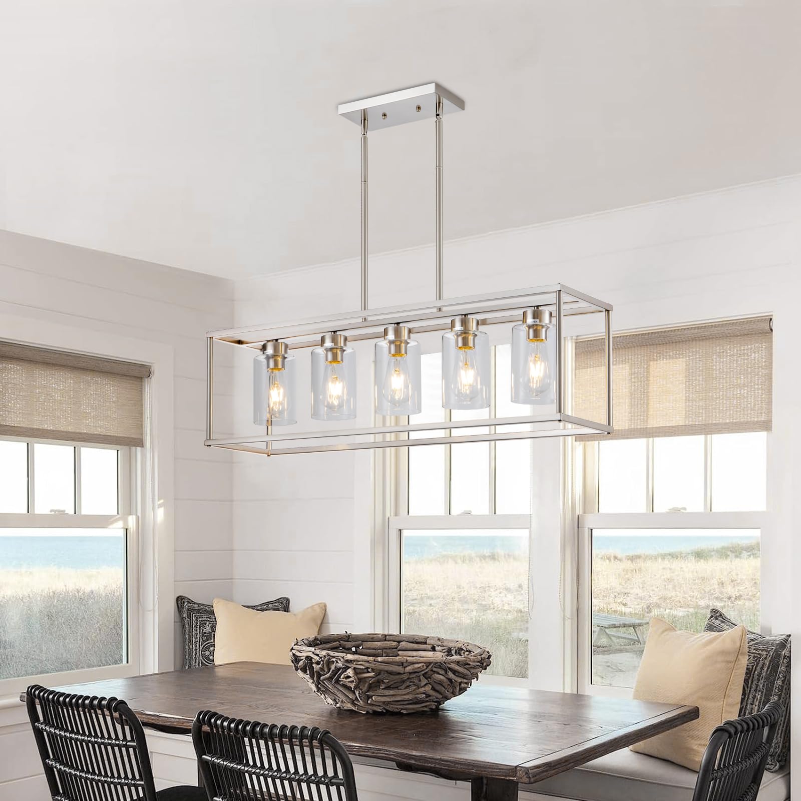 Hccz 5 Light Brushed Nickel Modern Farmhouse Chandelier With Glass Shade For Dining Room