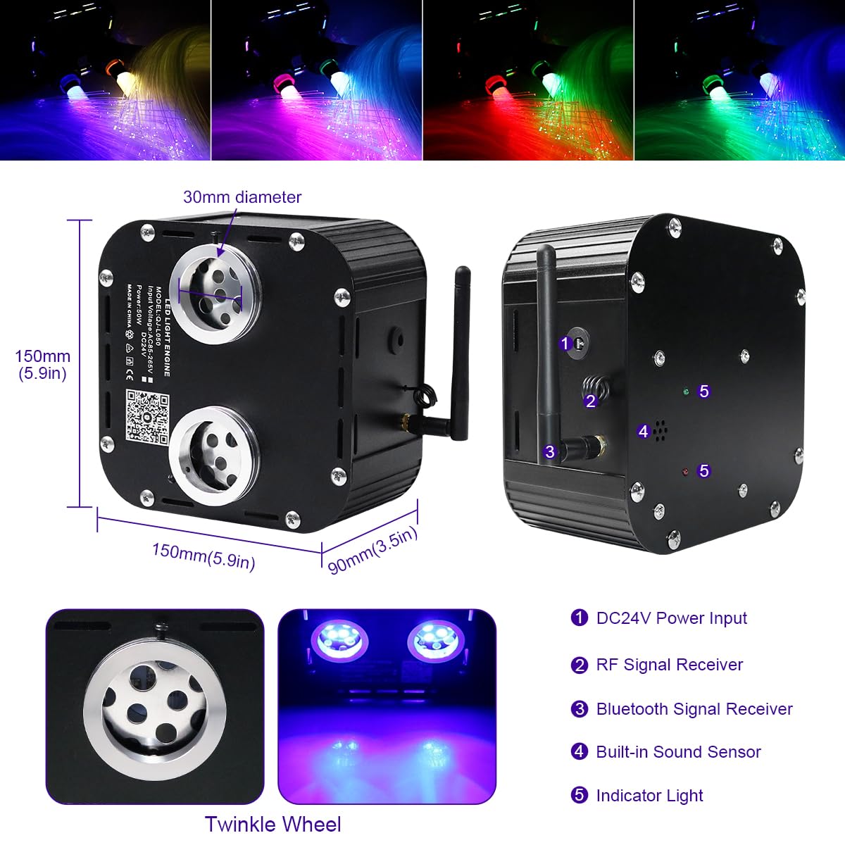 AZIMOM Dual Color Twinkle Fiber Optic Starlight Kit, 1800pcs 0.03in 16.4ft Strands, RGB, Sound Activated, Model QJ-L