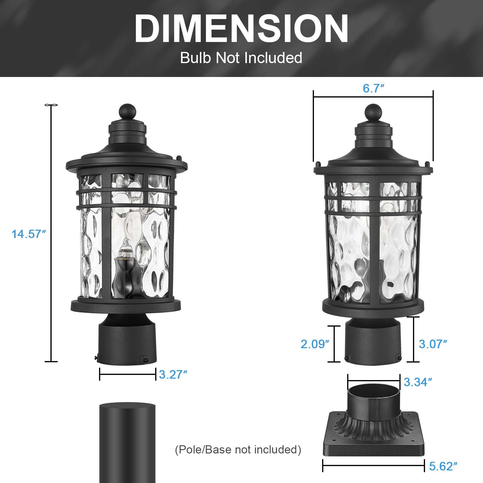 Darkaway Aluminum Outdoor Post Lights, Water Ripple Glass, Medium 2-Pack, Black, Model 6X20P-2PK BK+WG