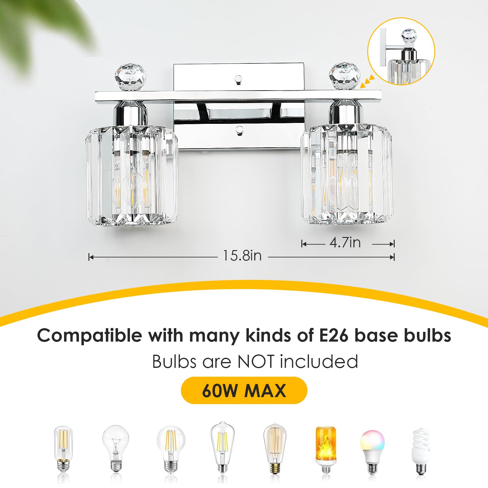 Kunruitai 2-Light Silvery Bathroom Light Fixtures,Modern Bathroom Vanity Lights Fixture With Clear Crystal Glass Shade,Brushed S