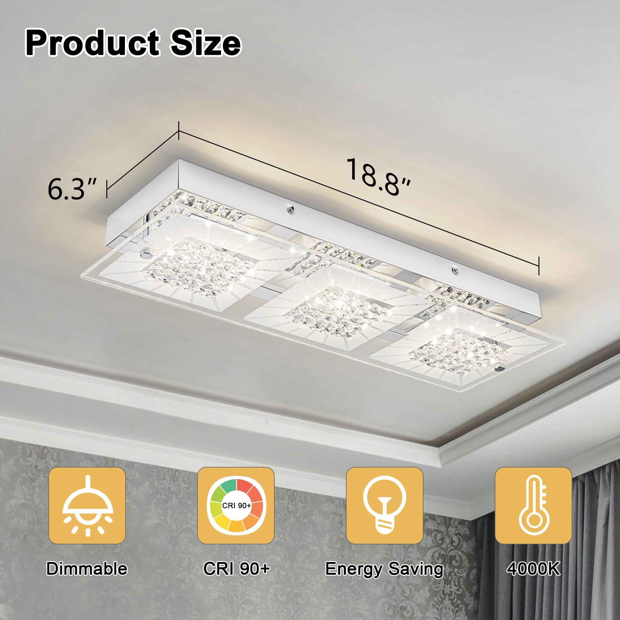 Lzawvm 18&quot; Dimmable Led Crystal Flush Mount Ceiling Light 4000K For Kitchen & Bathroom