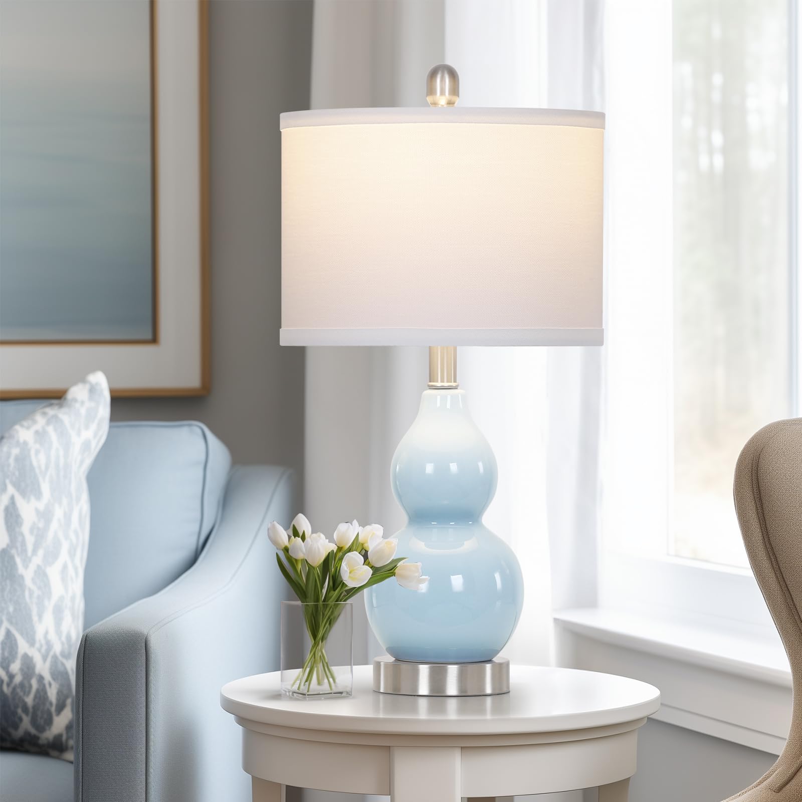 Rinweey Double Gourd Ceramic Table Lamps Set Of 2, Modern Blue Bedside Lamps For Night Stand, Contemporary Nightstand Lamps For