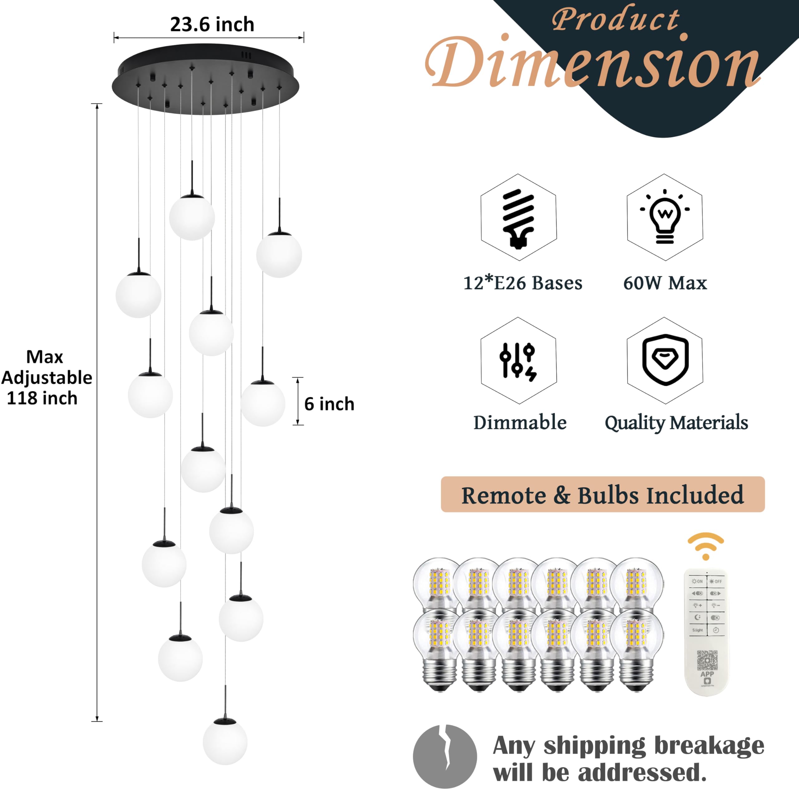 Koko&Yukina 12-Light Black Mid Century Modern Chandelier For Living Room Staircase Chandelier For Entryway Globe Milky White Gla