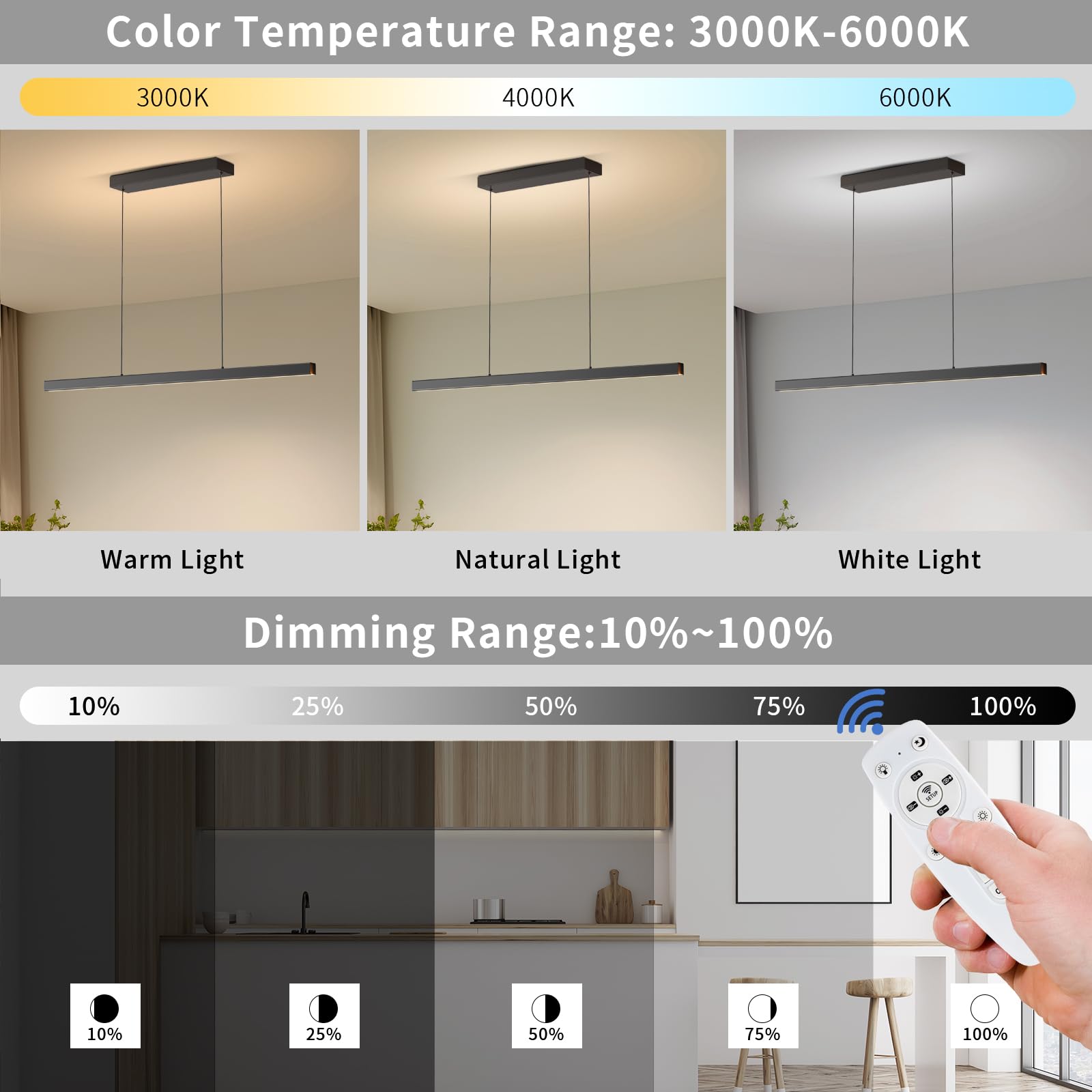 Zihoi Modern Ceiling Pendant Light 47In Led Black Linear Ceiling Chandelier Light Dining Room Living Room Warm & Cool  Neutral Light Aluminum Island Lighting Hanging Pendant Light For Kitchen