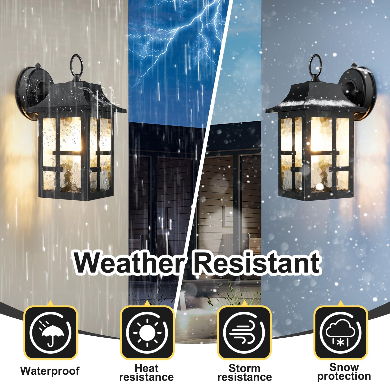 OKELI Outdoor Wall Lights, Waterproof Lantern with Water Ripple Glass Shade, 11.4in, Black, Model SWL-OK100, 1 Pack