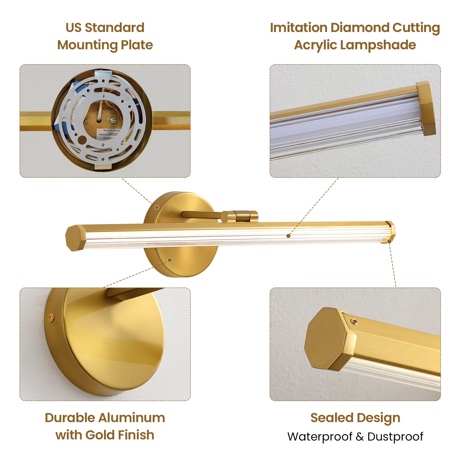 KAISITE Gold Bathroom Light Fixture - 22 Inch LED Dimmable Vanity Light, 18W 4000K, Adjustable Angle, Modern Design for Living Room & Bathroom