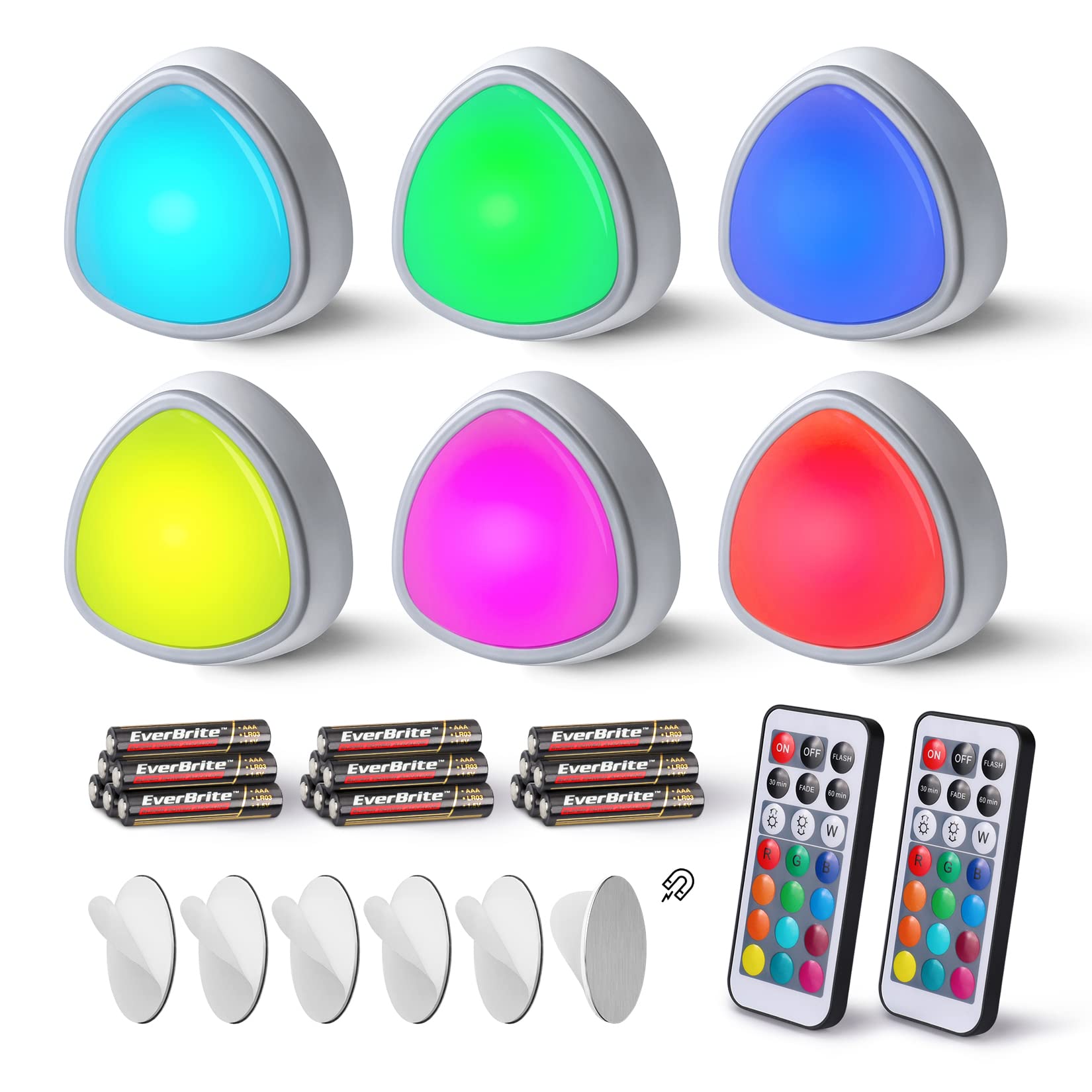 EverBrite LED Puck Lights, Wireless Push Lights, Remote Controlled, 12 RGB Colors, 6-Pack, White, Model E007084