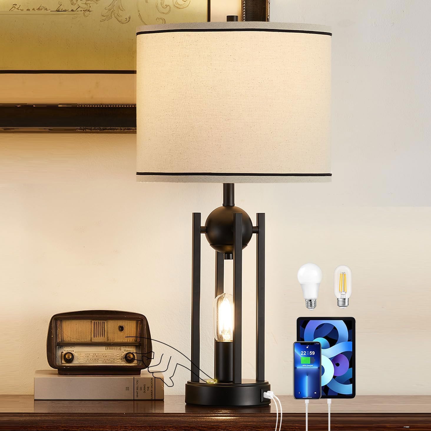 Leasgy 25 Industrial Table Lamps for Living Room 1pcs with USB C+A Ports, Farmhouse Rustic Bedside Lamp for Bedroom, Touch Lam