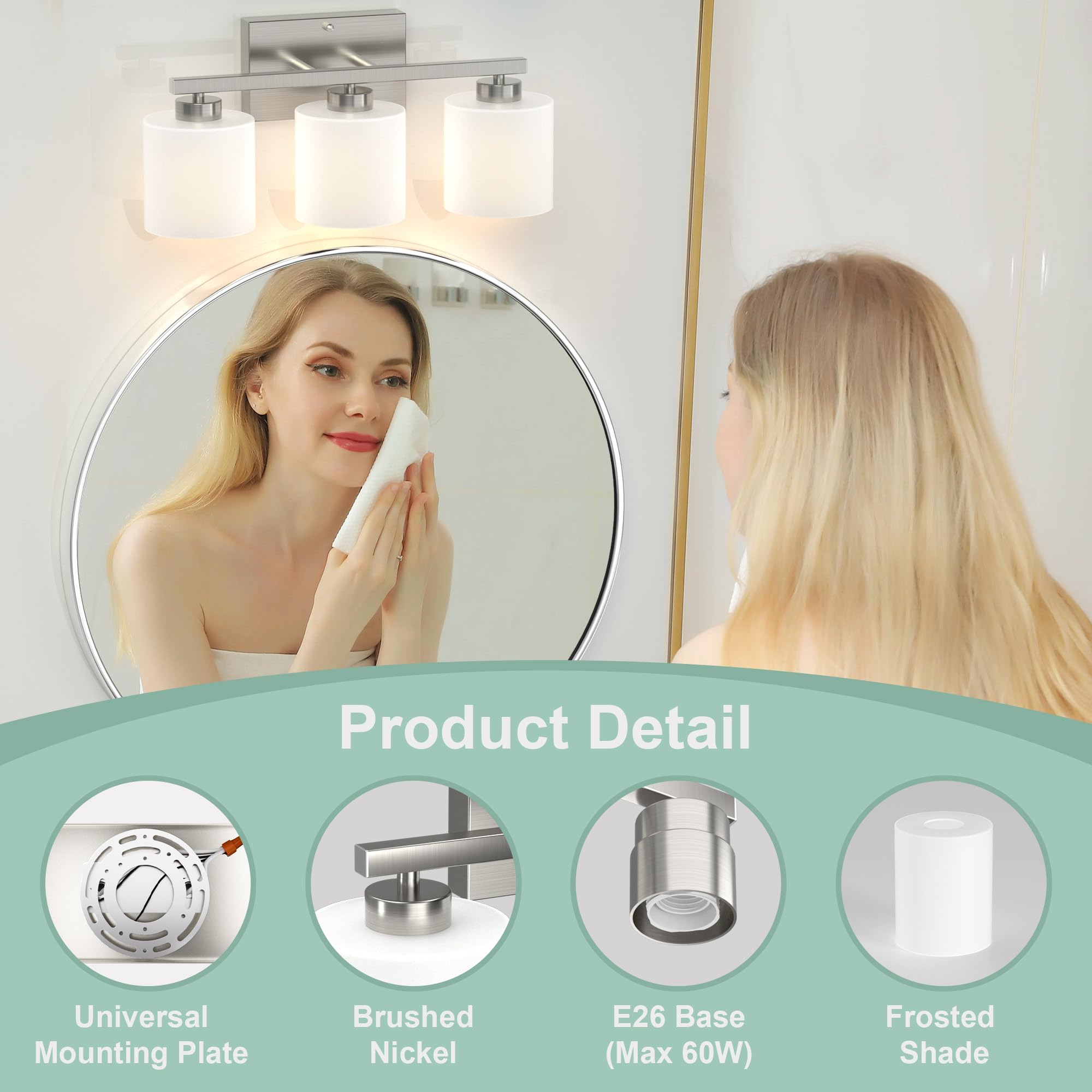 Honesorn 3-Light Bathroom Vanity Light, Brushed Nickel, Frosted Shade, Model TK-JQD-MS-YS-3, Anti-Rust Nickel Finish