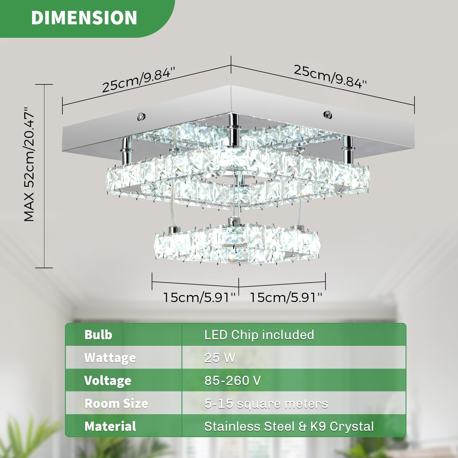 Rheafon Dimmable Crystal Chandelier With Remote Control, 2-Layer Flush Mount Ceiling Light For Bedroom, Kitchen, Hallway & Stair
