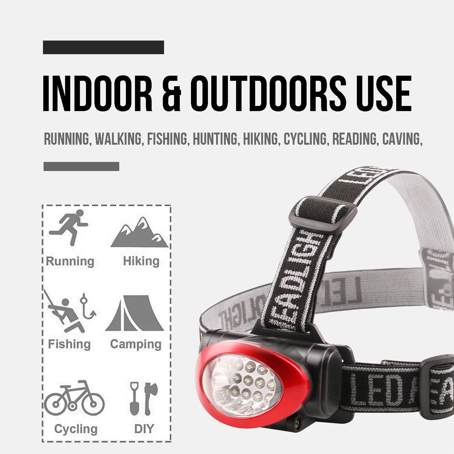 Lichamp Headlamp 10 Pack 12 LED 3 Mode Portable Flashlight Large Polycarbonate Black + Red Color Model 43510-16666