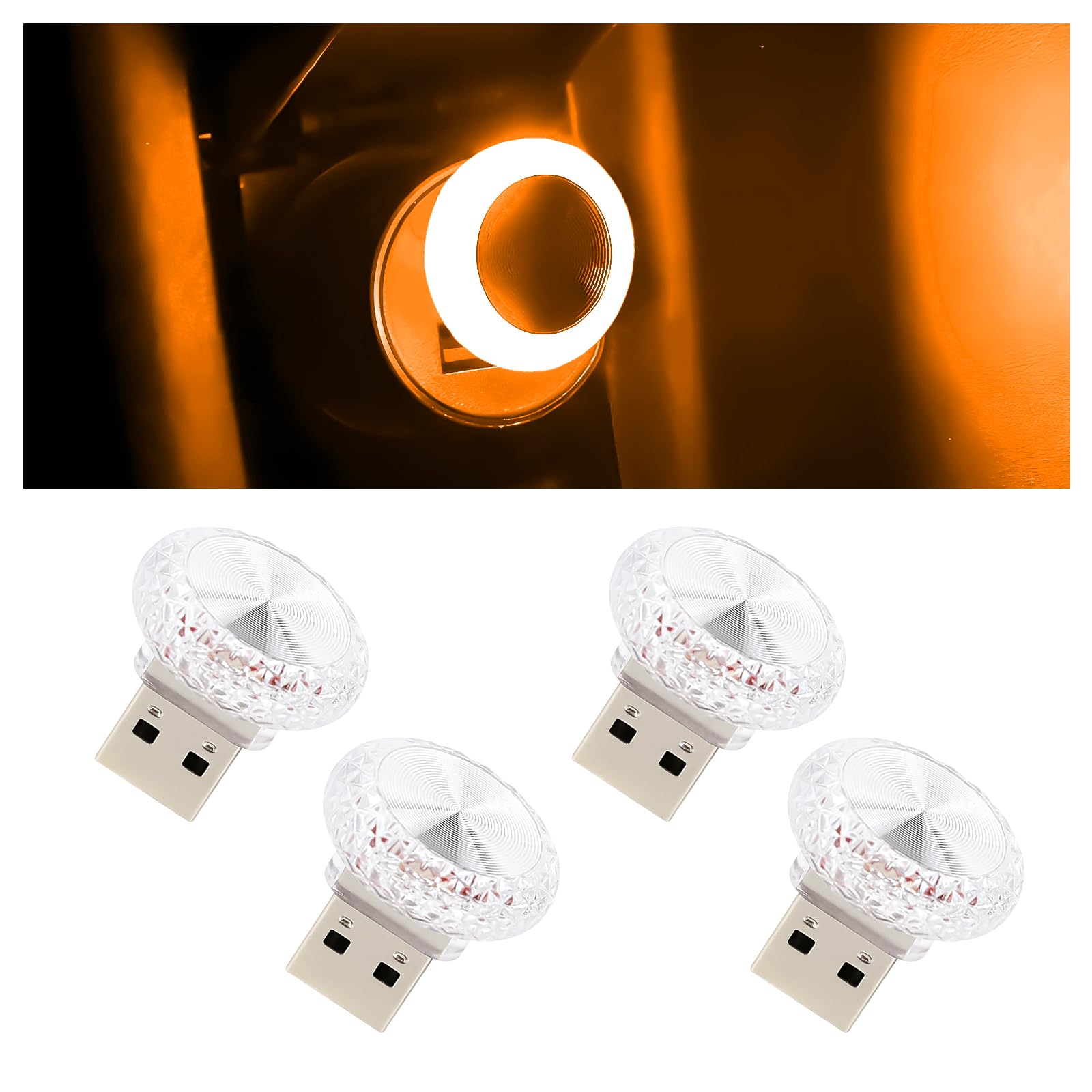 Hovom 4Pcs Usb Led Car Interior Atmosphere Lamp  Portable Mini Car Led Night Light Decoration  Plug-In Usb Automotive Ambient Lighting Kit  Universal For Cars Suvs Trucks Rvs (Yellow)