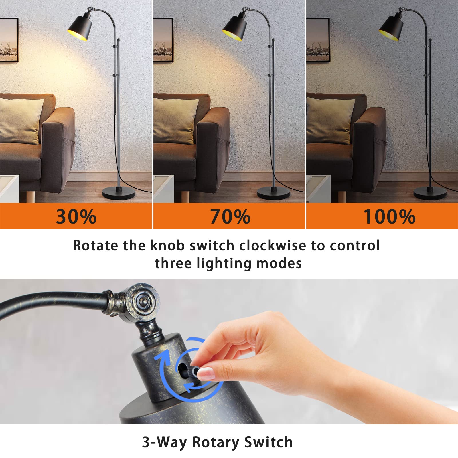 Floor Lamp, Industrial Floor Lamps For Living Rooms & Bedrooms - Rustic Farmhouse Reading Lamp Standing, Adjustable Metal Heads