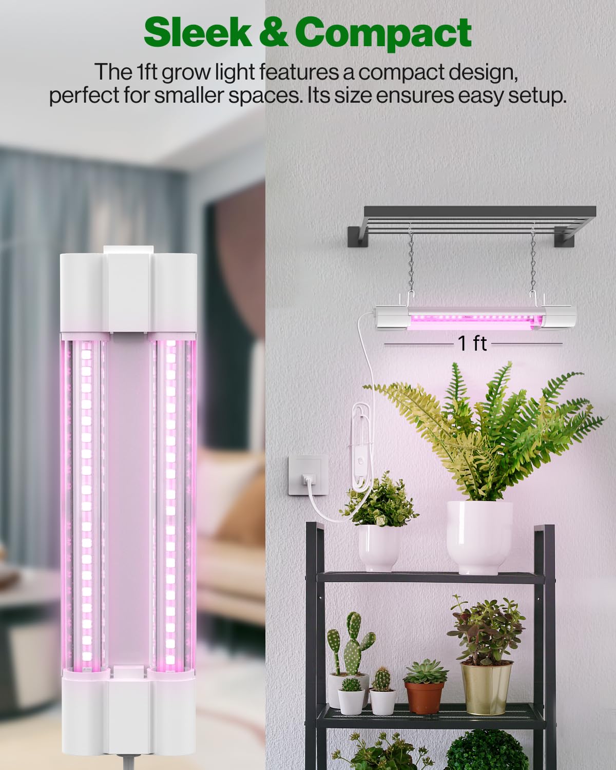 Sunco 1Ft Grow Light Led, 10W, Full Spectrum, For Seed Starting, Seedling, Indoor Plants, Plug In Suspended Fixture, Link Up To