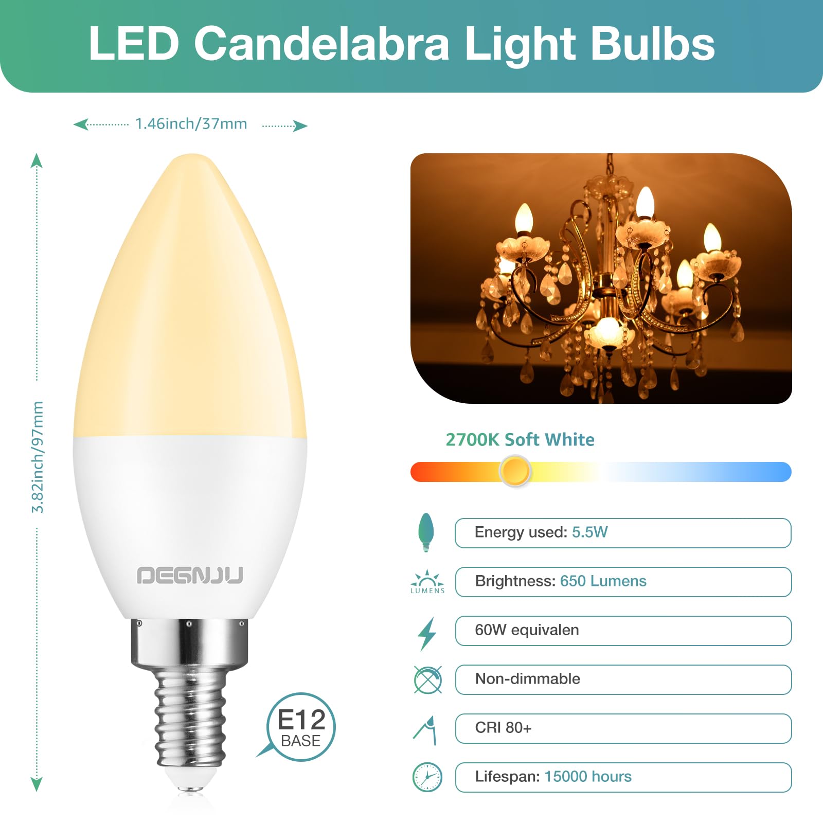 Degnju 20 Pack Led Candelabra Light Bulbs 60W Equivalent, Chandelier Light Bulbs Soft White 2700K, E12 Led Bulb, Type B Light Bu