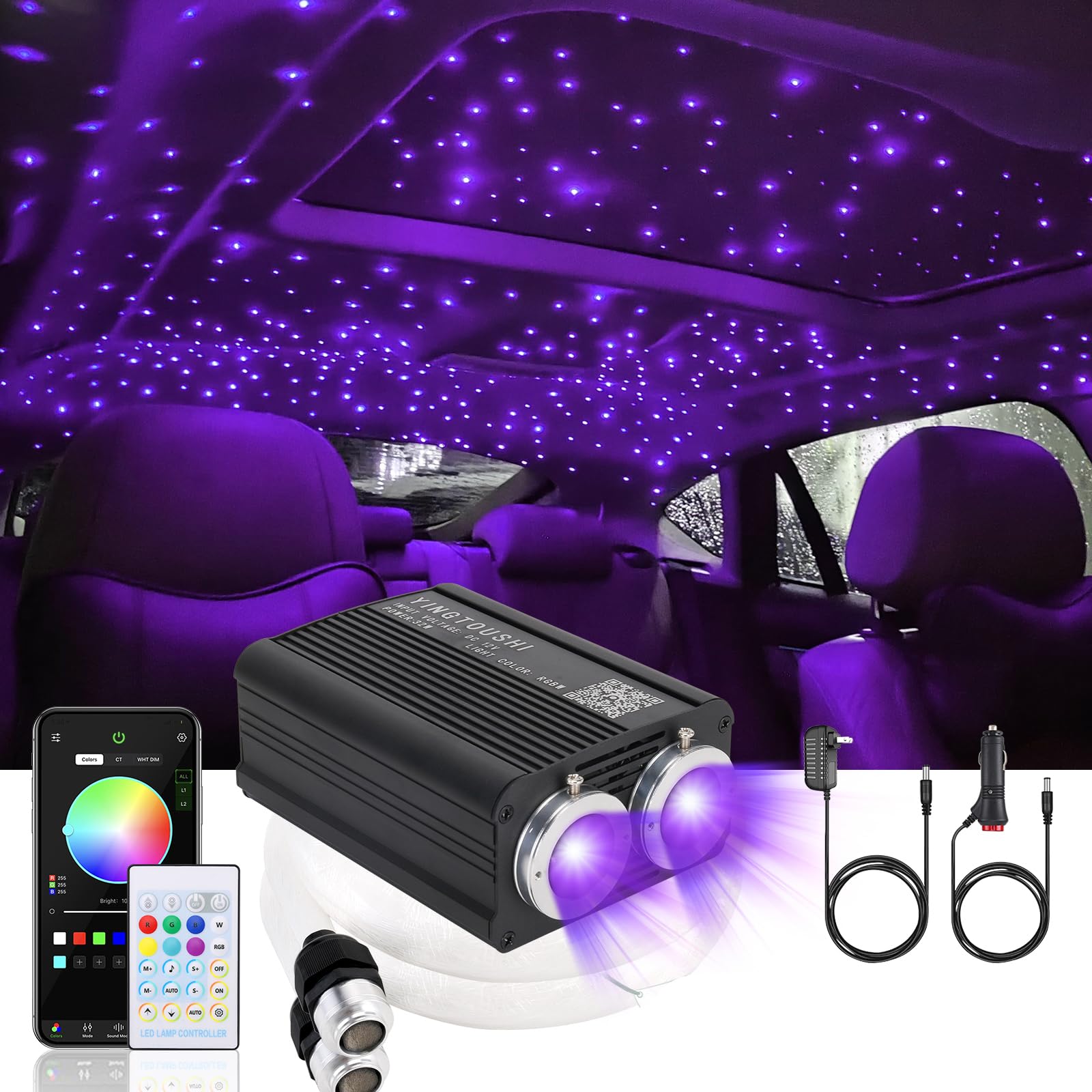 Twinkle Headliner Star Light Kit, 1000Pcs*0.03in*9.8ft Ceiling Fiber Optic Lights APP/Remote Control Star Effect Music Mode RGBW