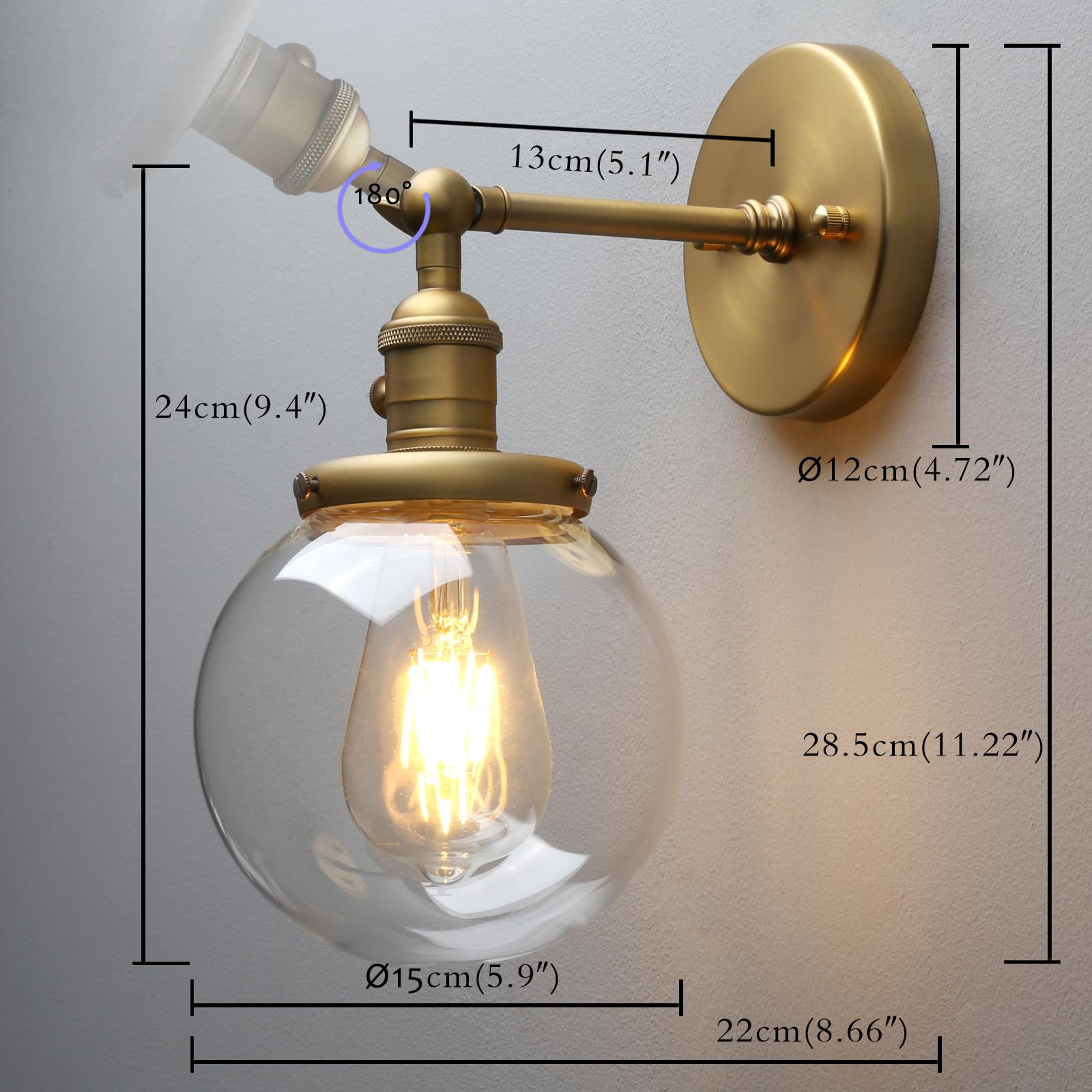 Permo Vintage Wall Sconce Industrial Lighting Fixture With 5.9 Round Clear Glass Globe Hand Blown Shade (Antique)