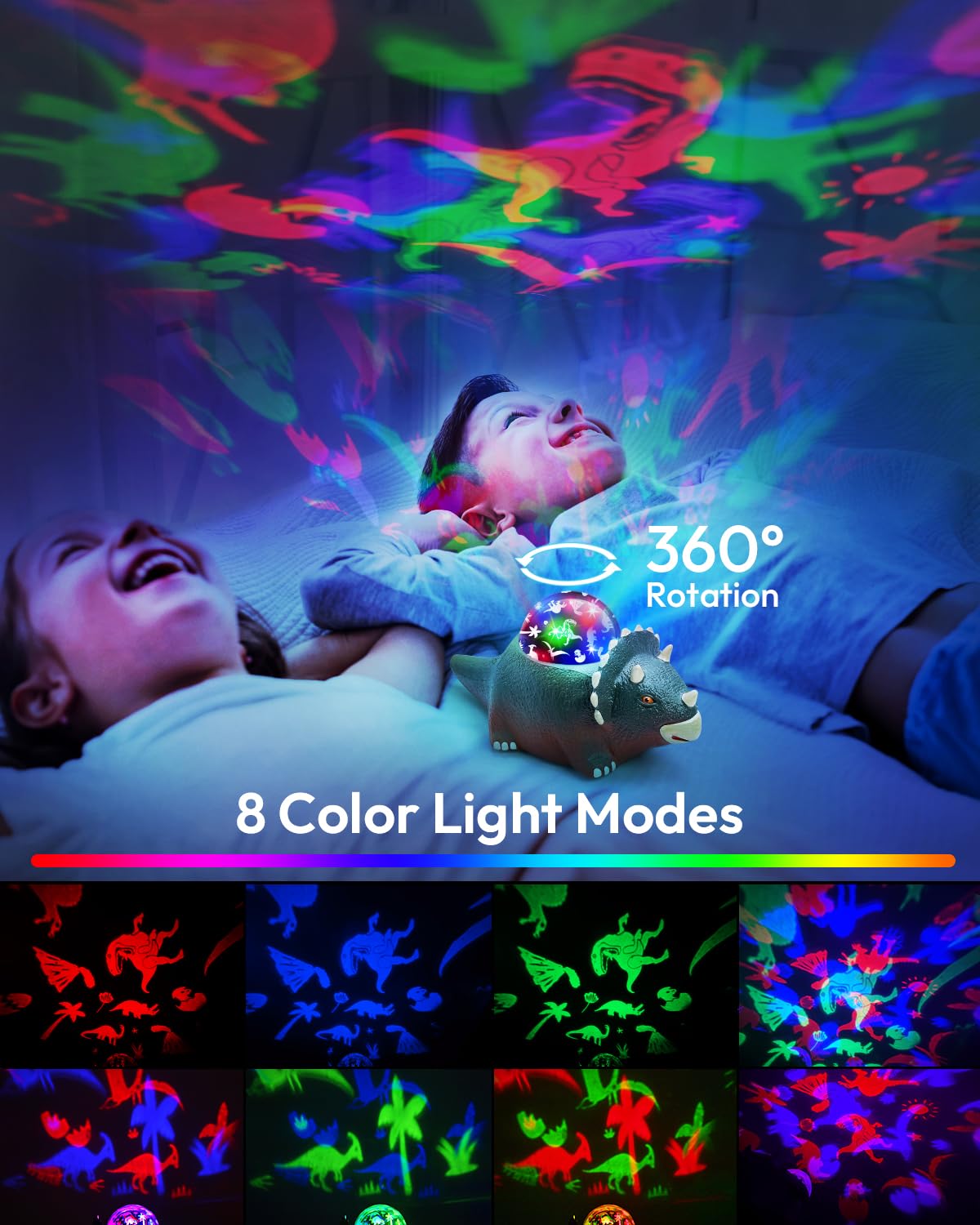 Beslike Dinosaur Night Light Projector, 360° Rotation, 14 White Noises, Dark Green, ABS Plastic, Model B1, Gift for Boys 3-8 Years