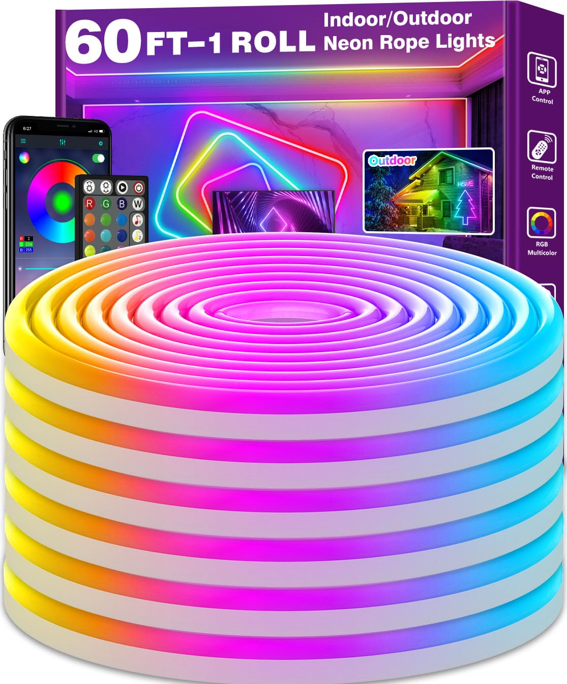 AILBTON Neon Rope Lights, 60Ft Flexible LED Strip, IP65 Outdoor RGB, Music Sync, Remote/App Control, Model 20FT-Led Neon