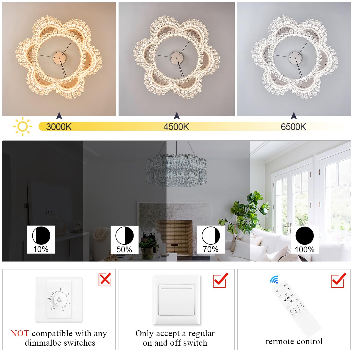 Poemoon 24in Crystal LED Chandelier, Remote Control, Dimmable 3000-6500K, Chrome, Model P40-600C1