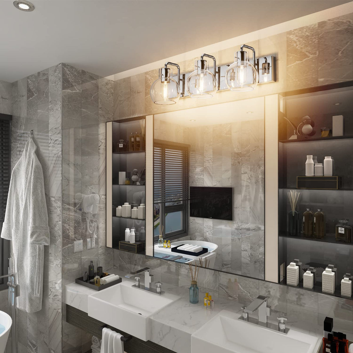 Tipace 3-Light Bathroom Vanity Lighting Fixtures, Chrome Finish, Glass ...