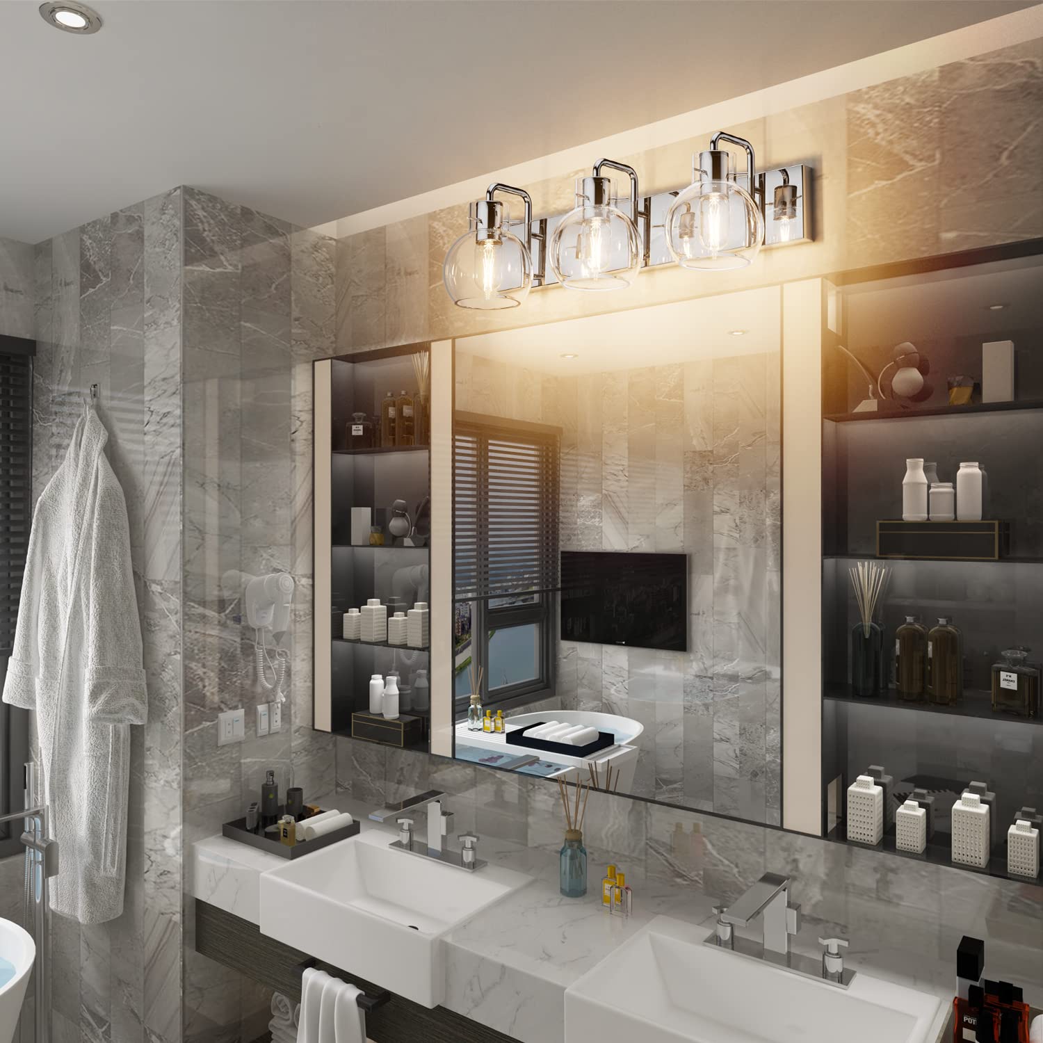 Tipace 3-Light Bathroom Vanity Lighting Fixtures, Chrome Finish, Glass Globe, Model L-7491, Industrial Farmhouse Style