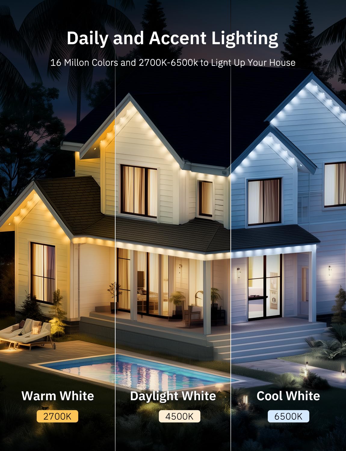 lemonlovely 200FT Permanent Outdoor Lights, Waterproof RGB+IC LED, Warm & Cool White, Model 2323, Perfect for Holiday Decor