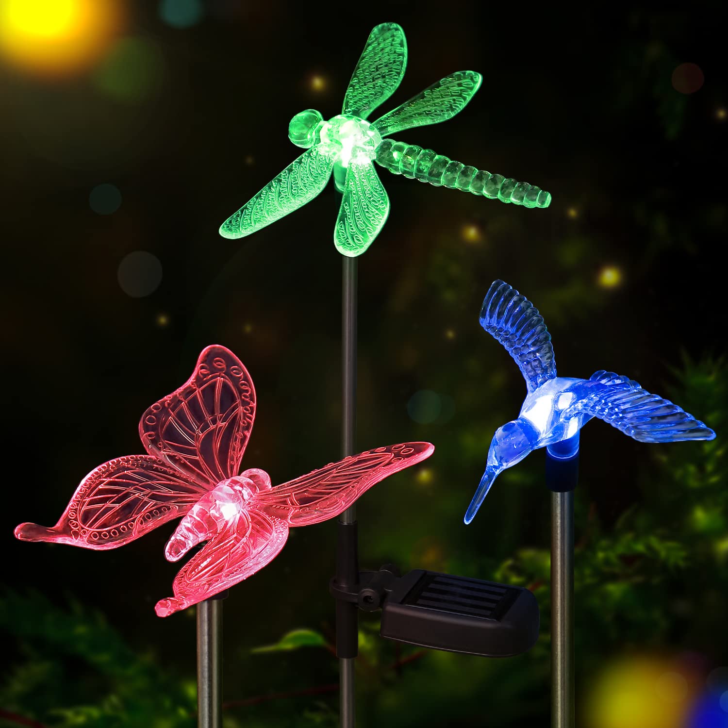 Solar Garden Lights - 3 Pack Solar Stake Lights Outdoor, Color Changing Solar Powered Halloween Decorative Landscape Lighting Hu
