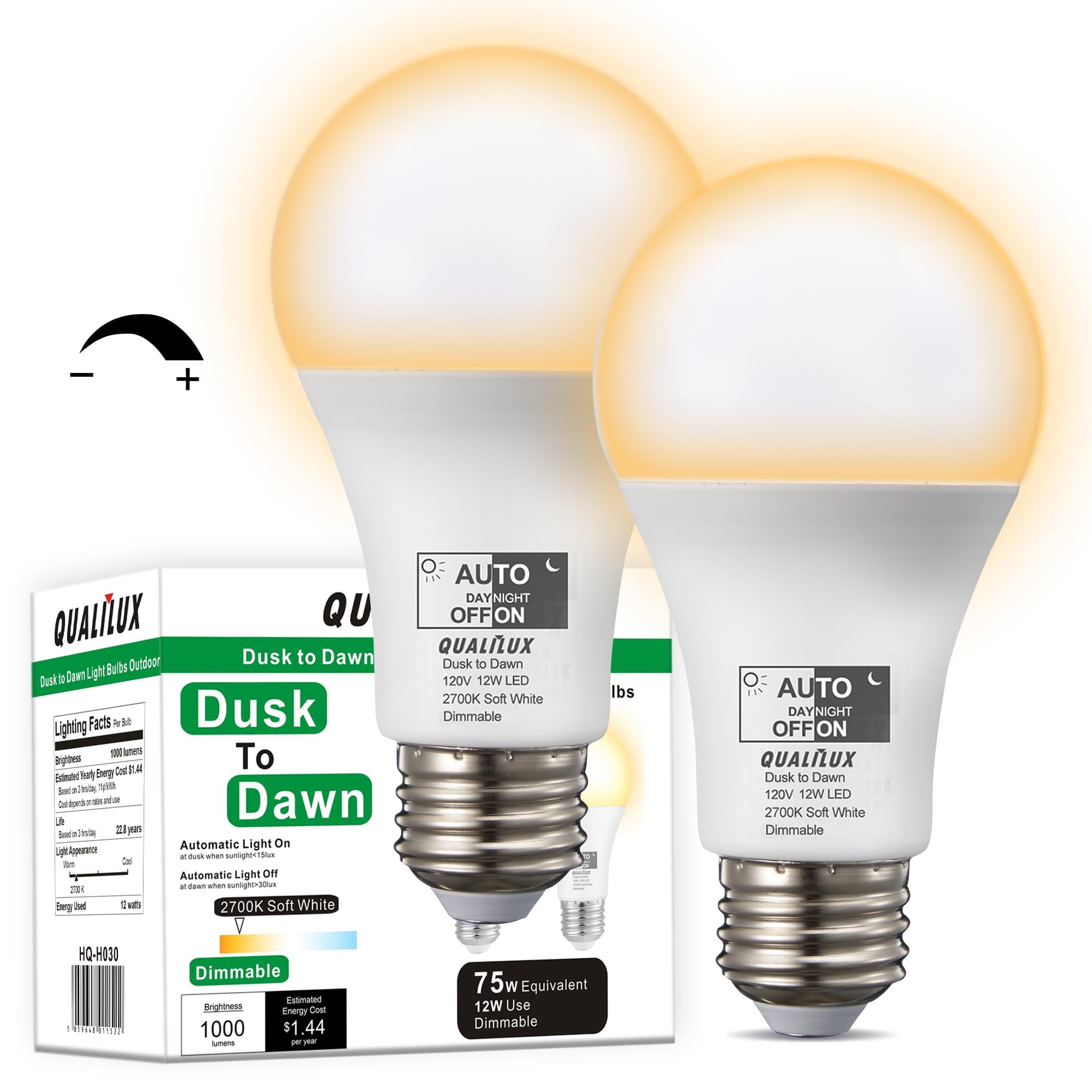 Qualilux Dimmable Dusk To Dawn Light Bulbs Outdoor, Automatic Light Sensing Bulb, 1000Lm, 75W Equivalent, Soft White 2700K, Led 