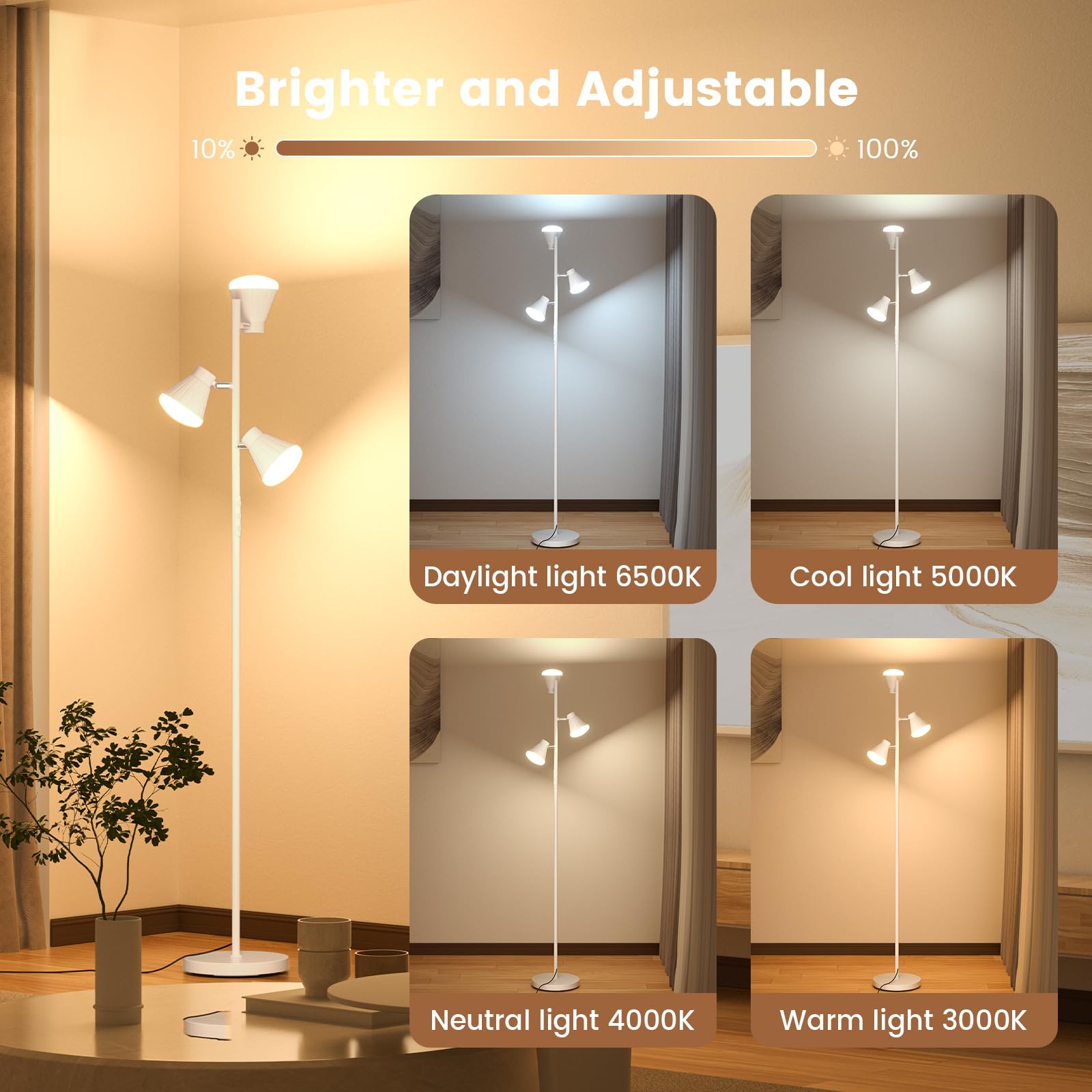 SIBRILLE 36W LED Floor Lamp, Dimmable, Remote & Touch Control, 4 Color Temperatures, Model LB-8058, White