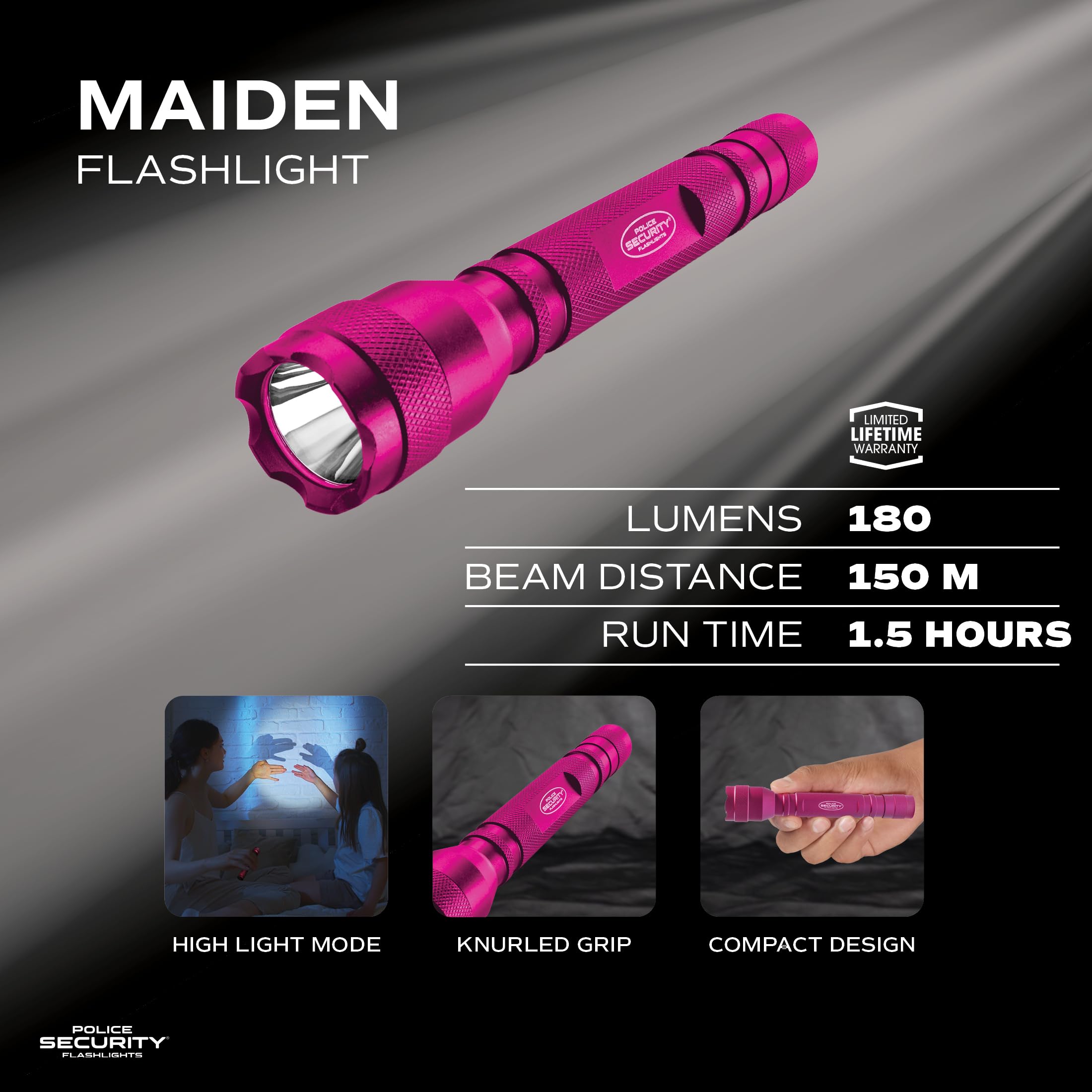 Police Security Ultra Bright LED Flashlight - 180 Lumens, 150m Beam - Compact, Water Resistant, Pink