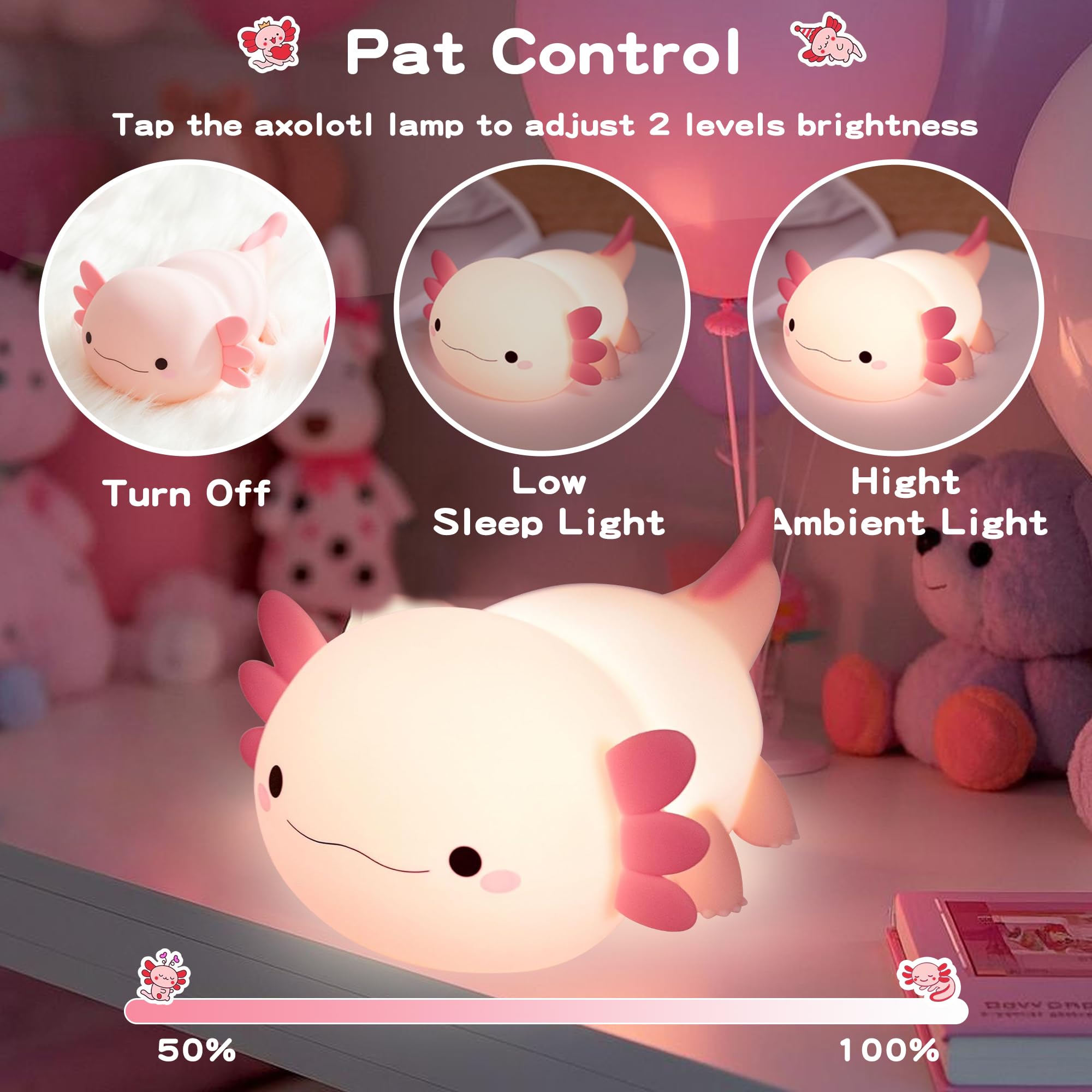 MOKYDUO Axolotl Night Light for Kids, 2-Level Adjustable Brightness, Touch Control, 20-Min Timer, Safe & Soft Silicone, Cute, Cu