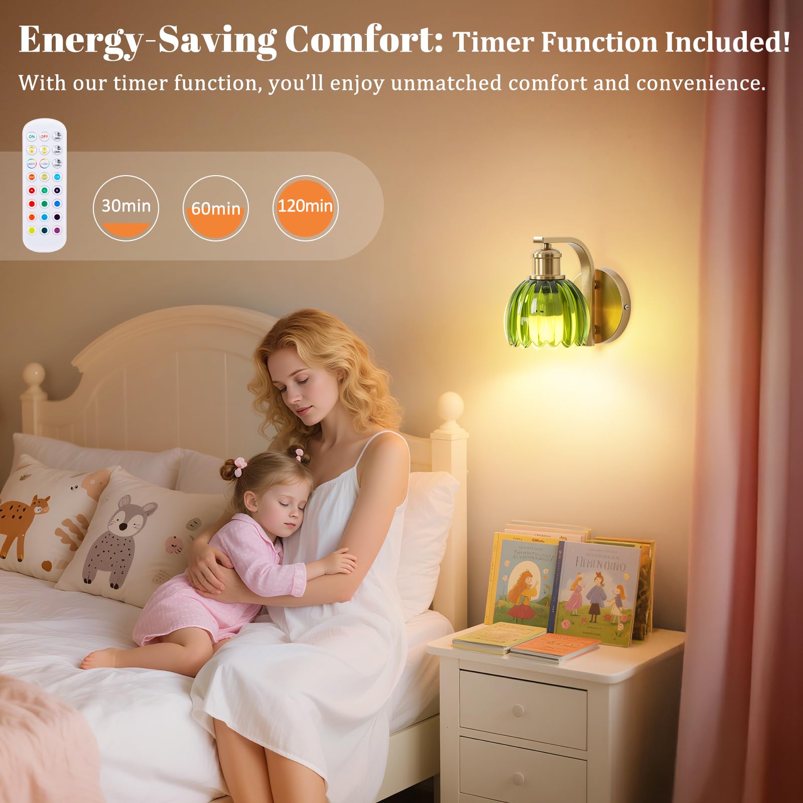 VerRon Rechargeable Wall Sconce - Green Glass, Wireless, Remote Control, 1-Pack, Gold Accent, Model B05092P