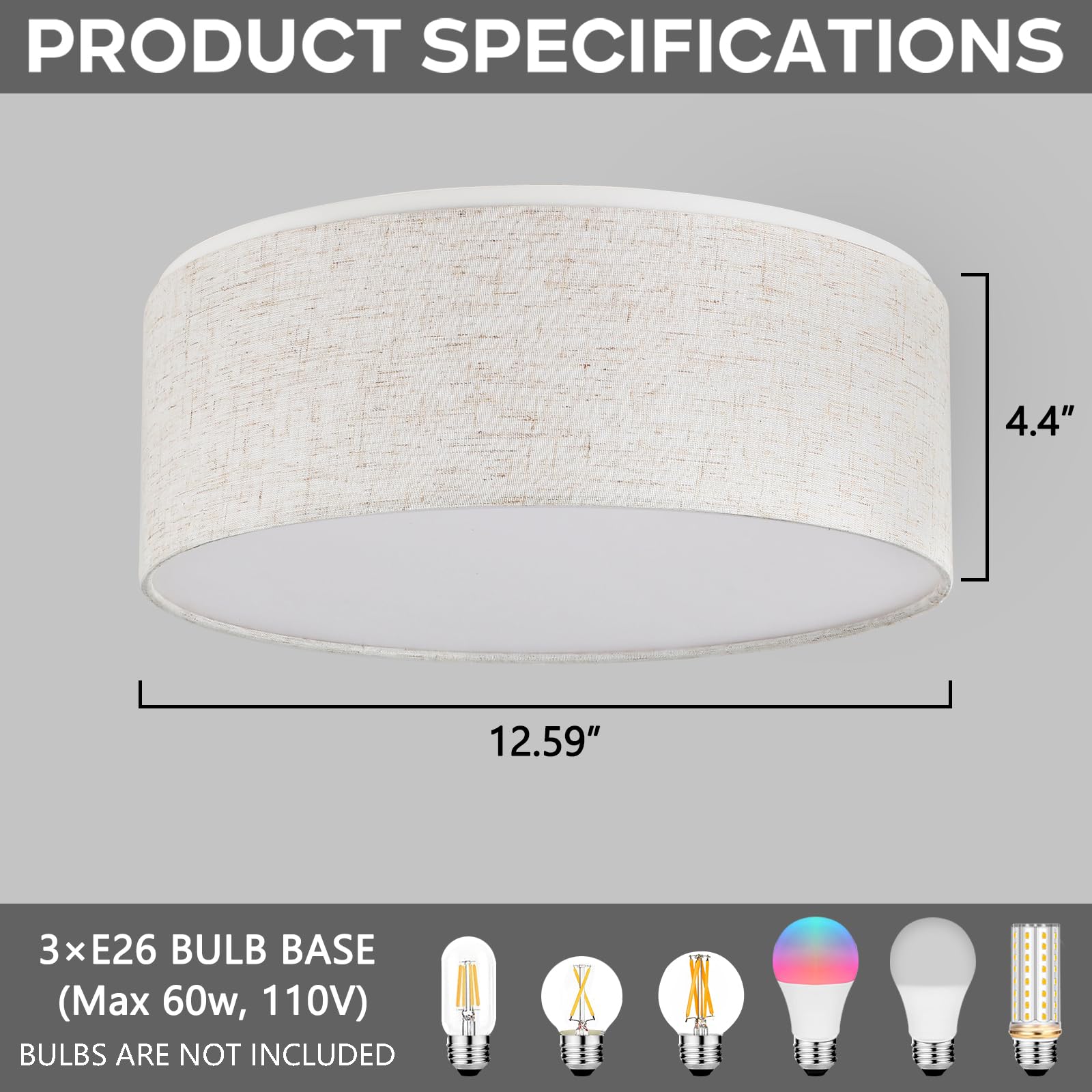 Luupyia Vintage 3-Lights Drum Ceiling Light, Beige Fabric Shade Semi Flush Mount Fixture