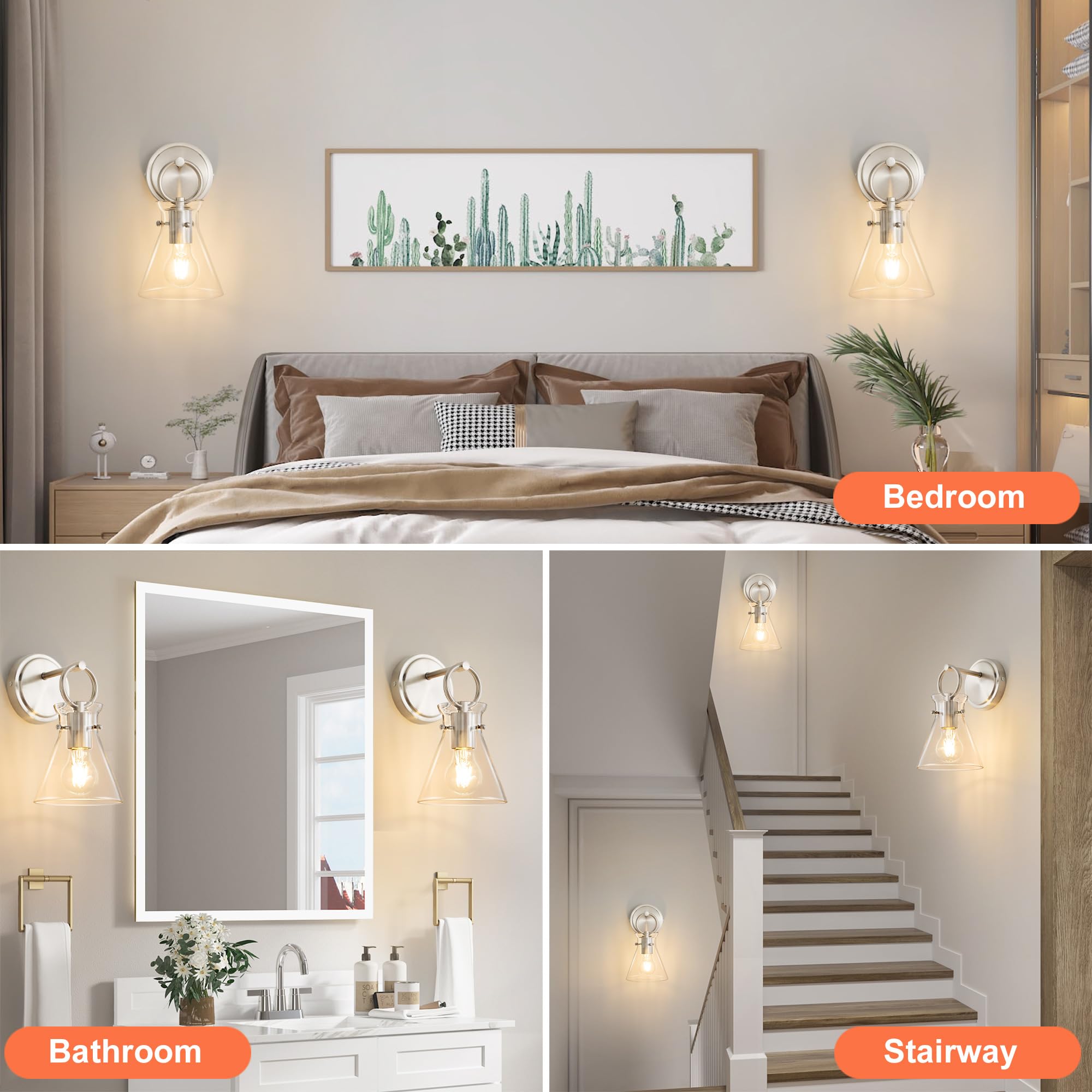 Gednbo Modern Wall Sconces 2 Pack, Brushed Nickel, Metal, Hardwired, 6 Inch Clear Glass Shade for Bathroom, Bedroom, Living Room