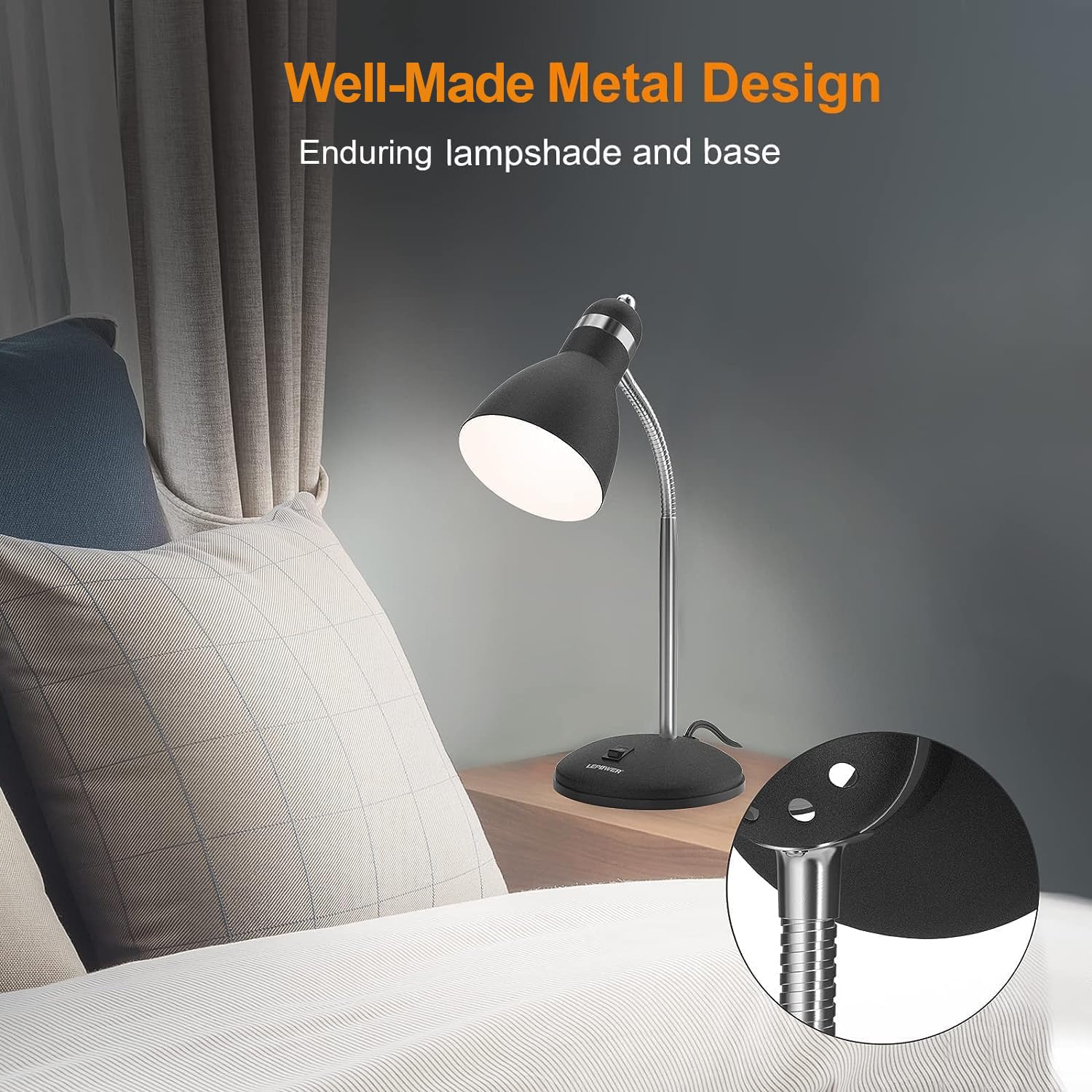 LEPOWER Metal Desk Lamp - Eye-Caring Study Lamp with Flexible Goose Neck, Matte Black, Model UT2032