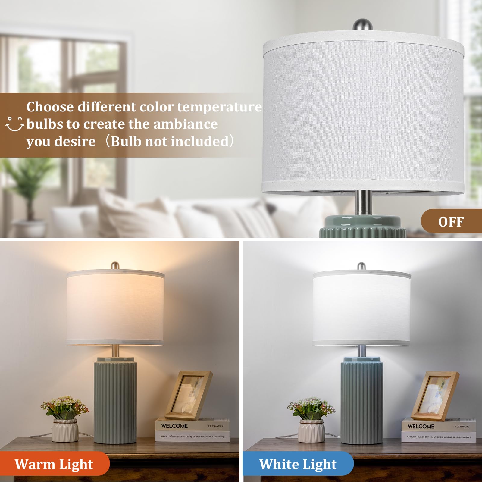 Tobusa 23.5 Modern Green Ceramic Table Lamps Set Of 2 For Living Room, Farmhouse Ceramic Bedside Nightstand Lamps For Bedroom, V