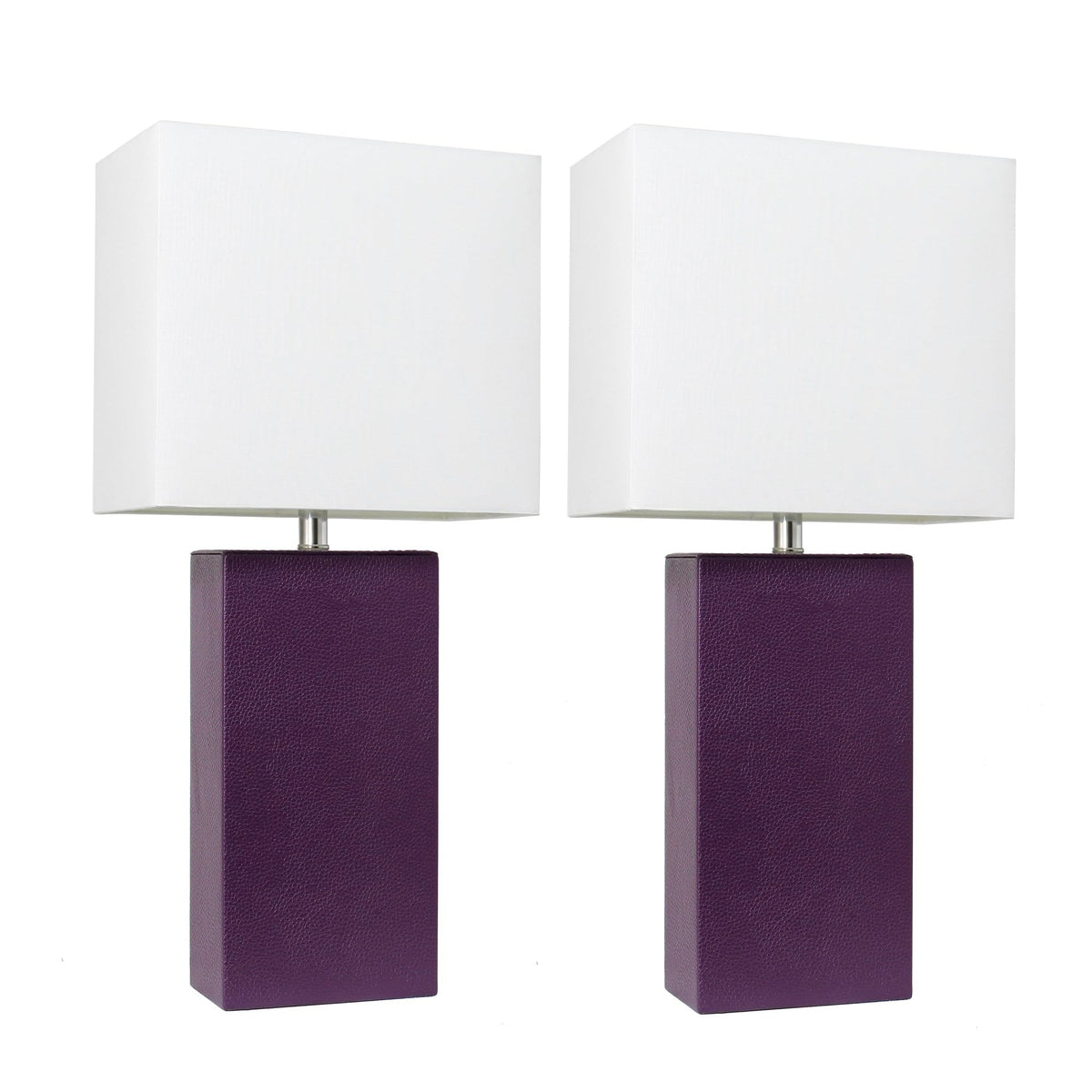 Elegant Designs Lc2000-Egp-2Pk 2 Pack Modern Leather Table Lamps With White Fabric Shades, Eggplant