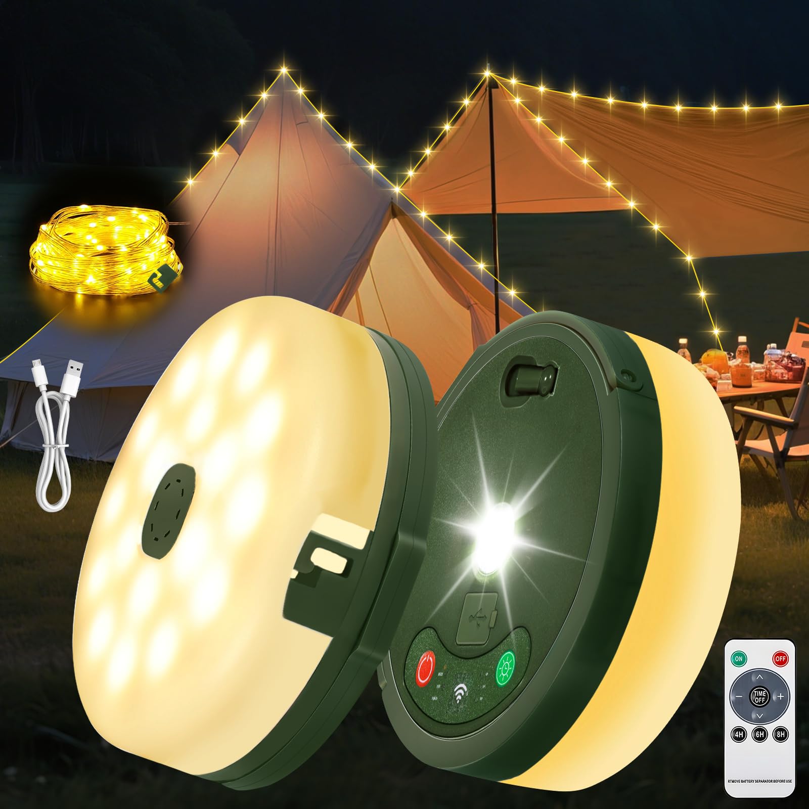HELESIN Camping String Lights, 4-in-1 USB Rechargeable, Waterproof, 8 Modes, Deep Warmwhite, Model D-USB-YYD-1PCS