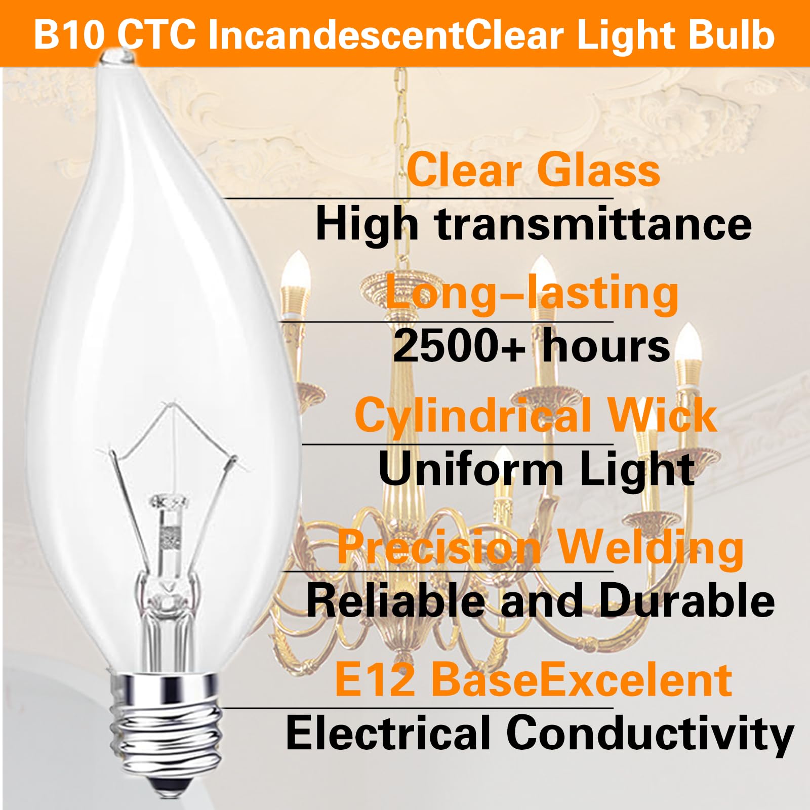 BUBYVV E12 Candle Light Bulbs, 60W Candelabra, 2700K Warm White, Dimmable, 600 Lumen, Glass, Transparent, 8 Pack