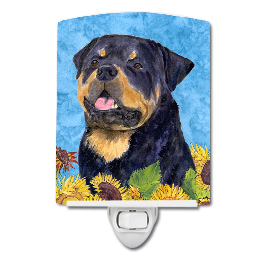 Caroline'S Treasures Ss4158Cnl Rottweiler In Summer Flowers Ceramic Night Light Compact, Ul-Certified, Ideal For Bedroom, Bathroom, Nursery, Hallway, Kitchen, 6X4X3, Multicolor