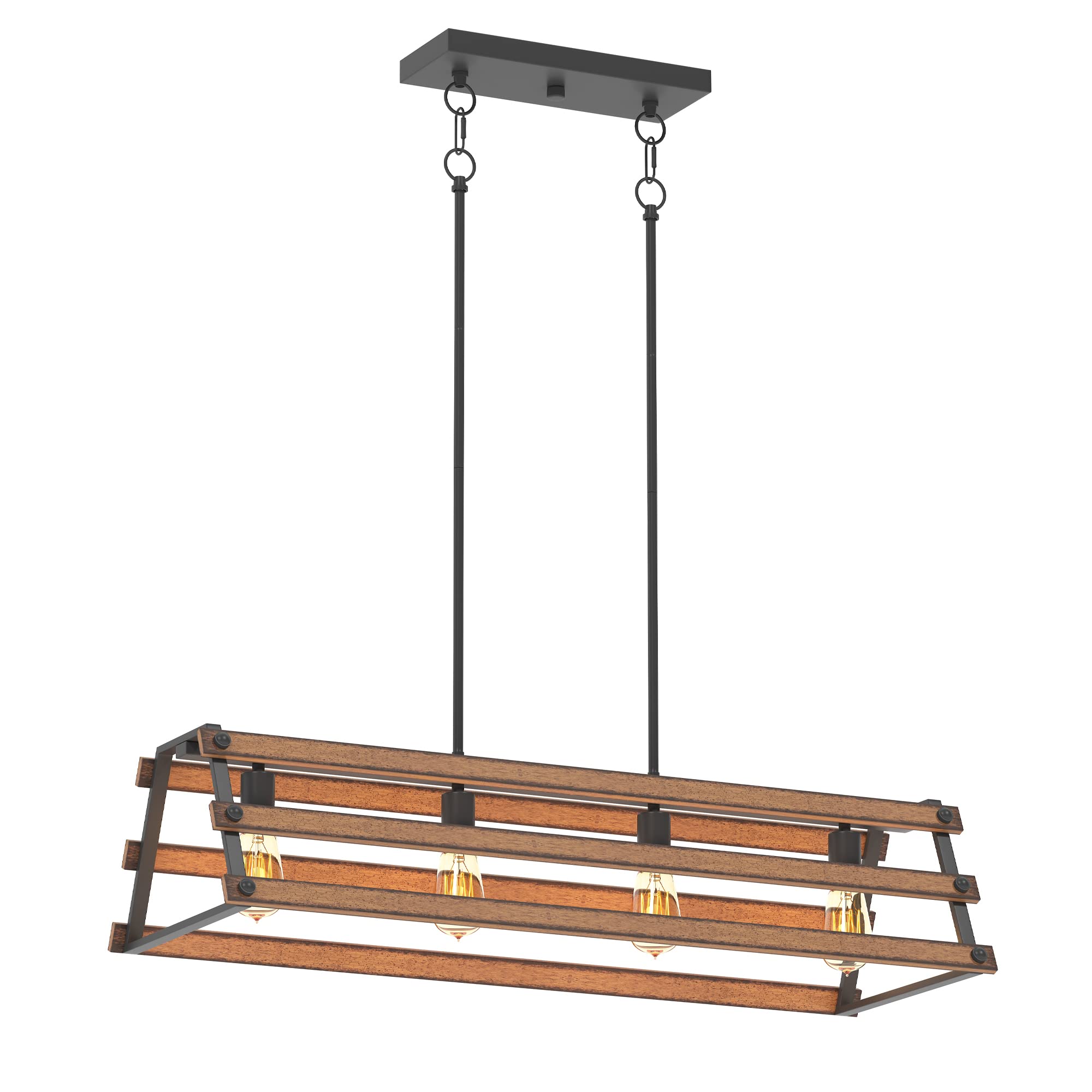 Inlight 34 Wide Farmhouse 4-Light Kitchen Island Pendant Light, Textured Black and Faux Painted Wood Finish, Rustic and Industri