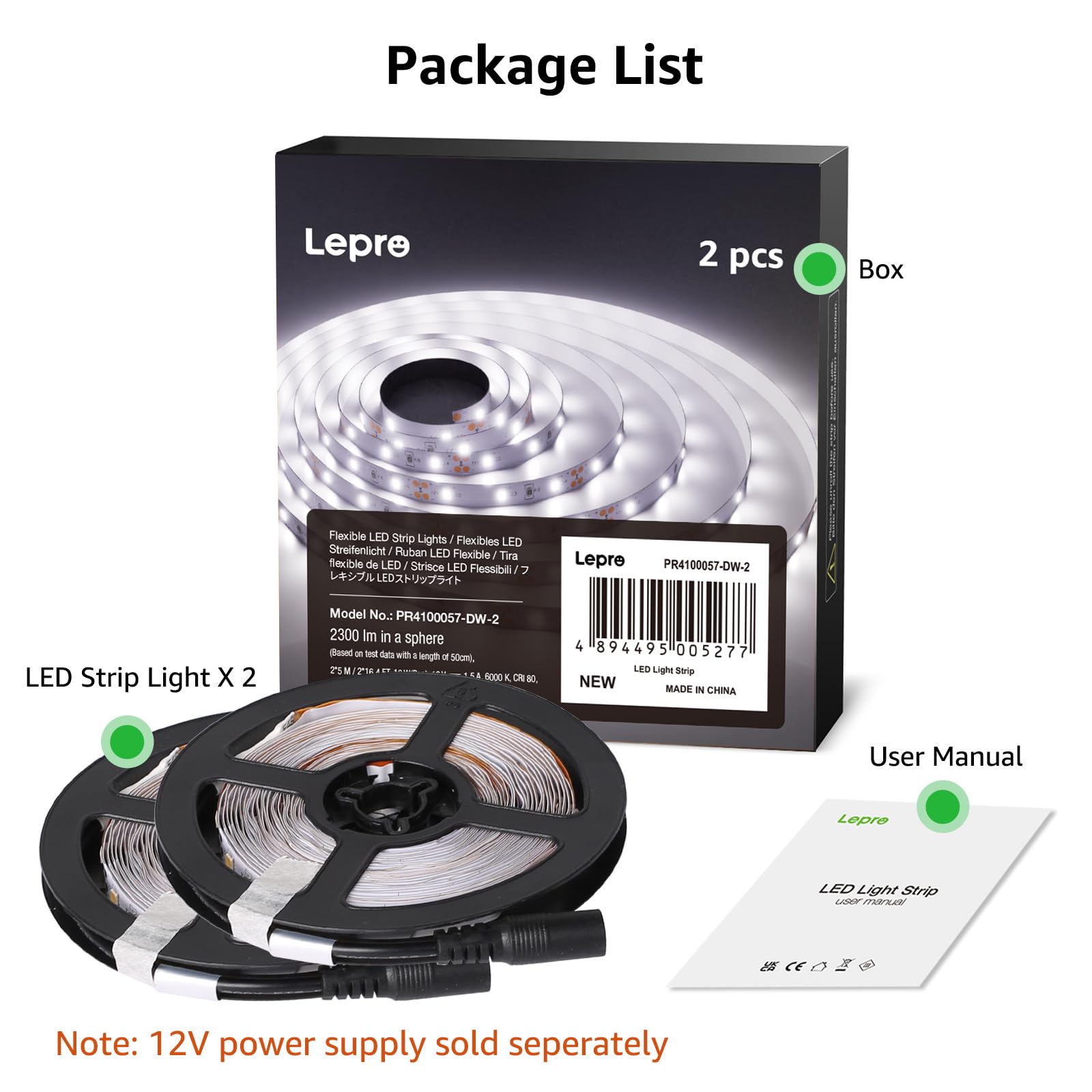 Lepro LED Strip Light 12V, 300 LEDs, 32.8ft, Daylight White, Flexible, Non-Waterproof, Model PR4100057-DW-2, Pack