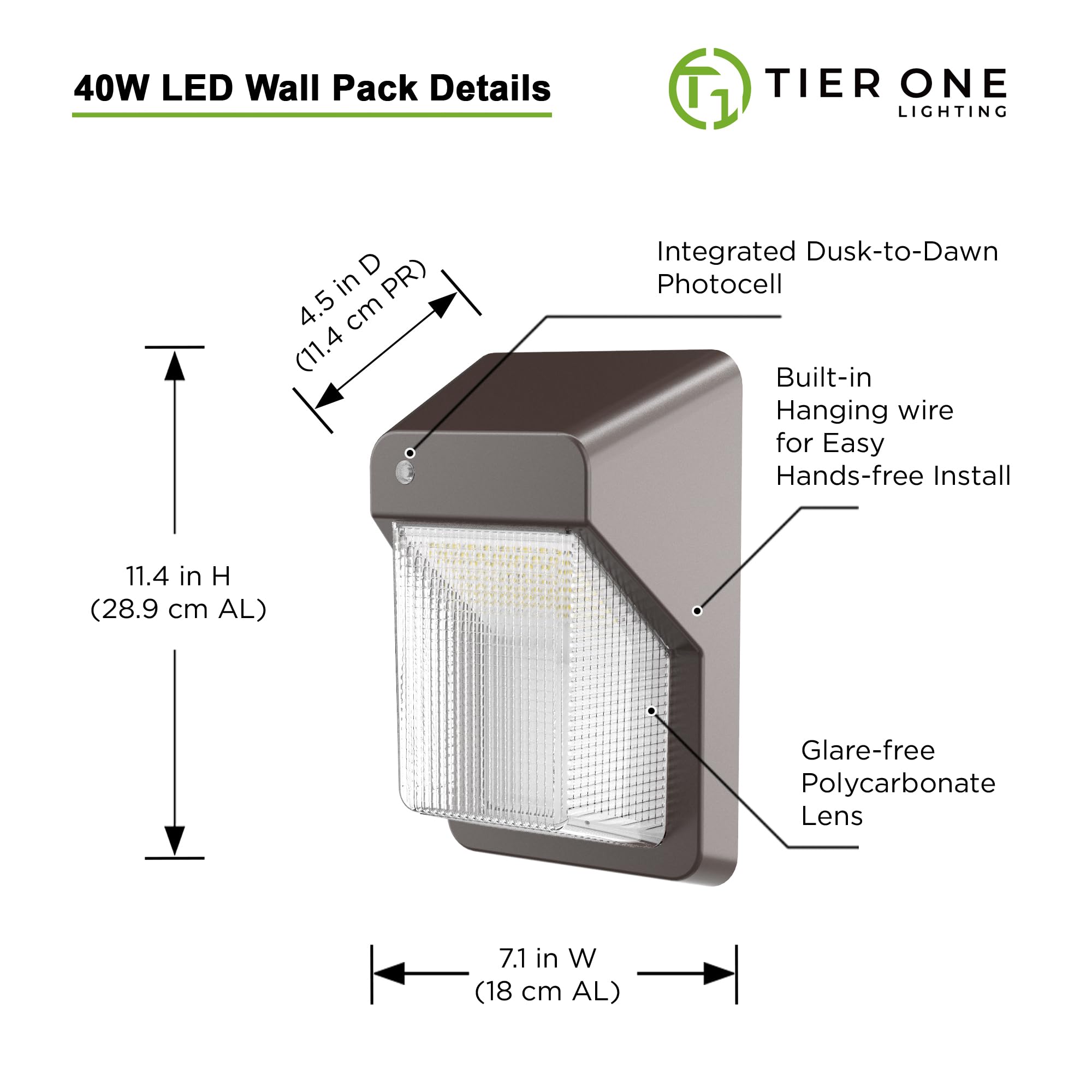 Tierone 40W Led Wall Pack Light With Dusk-To-Dawn Photocell Led Outdoor Wall Mount Light For Porch Garden Garage Warehouse Secur