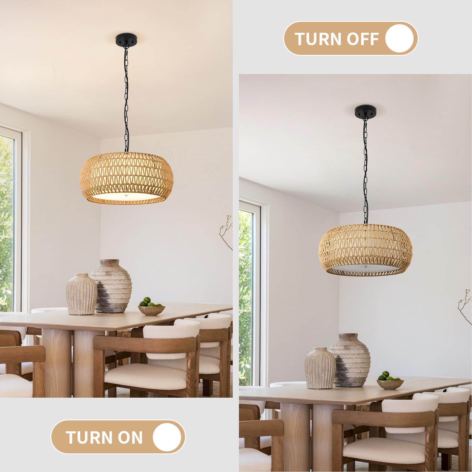 ALAISLYC 19 Inch Boho Chandelier - 5-Light Rattan Hanging Lamp for Dining Room, Large Hemp Rope Fixture, Farmhouse Style